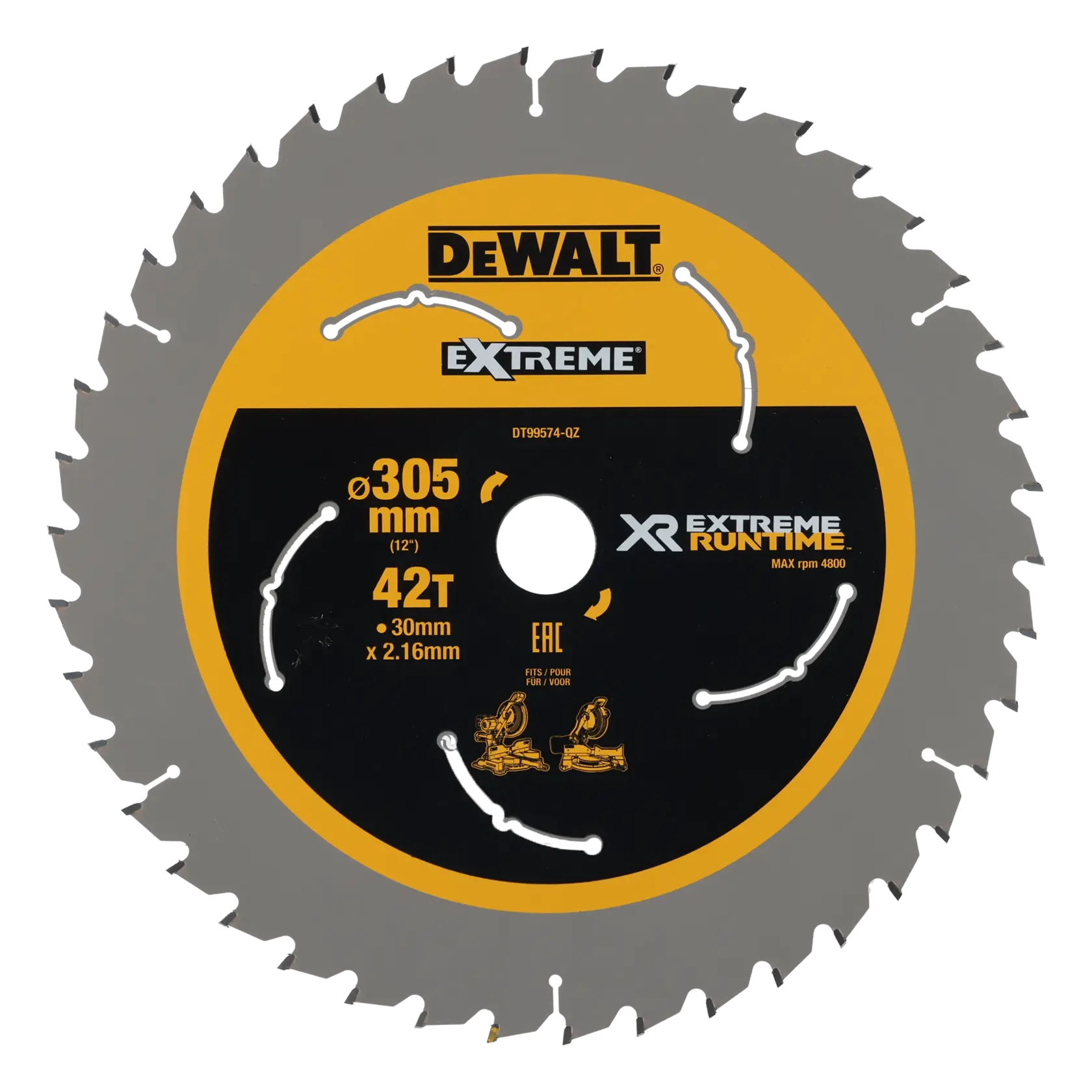 Graphique montrant la marque DEWALT XTREME Sub-Compact Series avec le slogan 'Compact et performance garantie' sur un fond jaune.