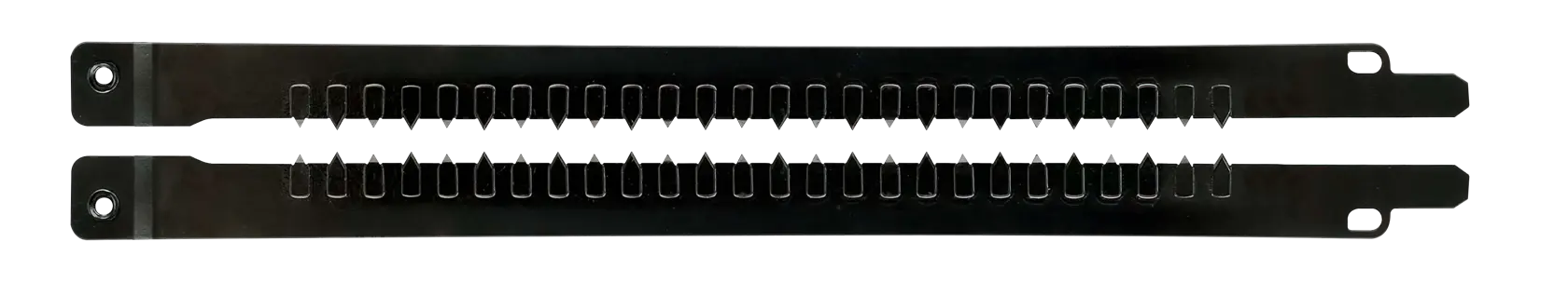 Two black metal rack mounting rails with multiple slots and holes, positioned parallel against a white background.