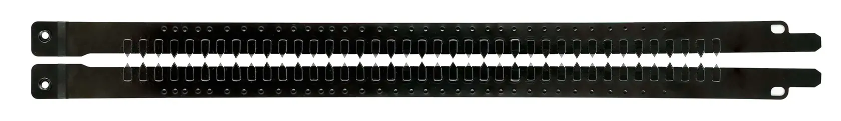 Two black metal strips with evenly spaced clips, displayed side by side on a white background.