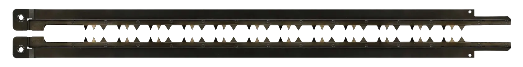 Two long black reciprocating saw blades featuring sharp, jagged teeth, placed parallel on a white background.