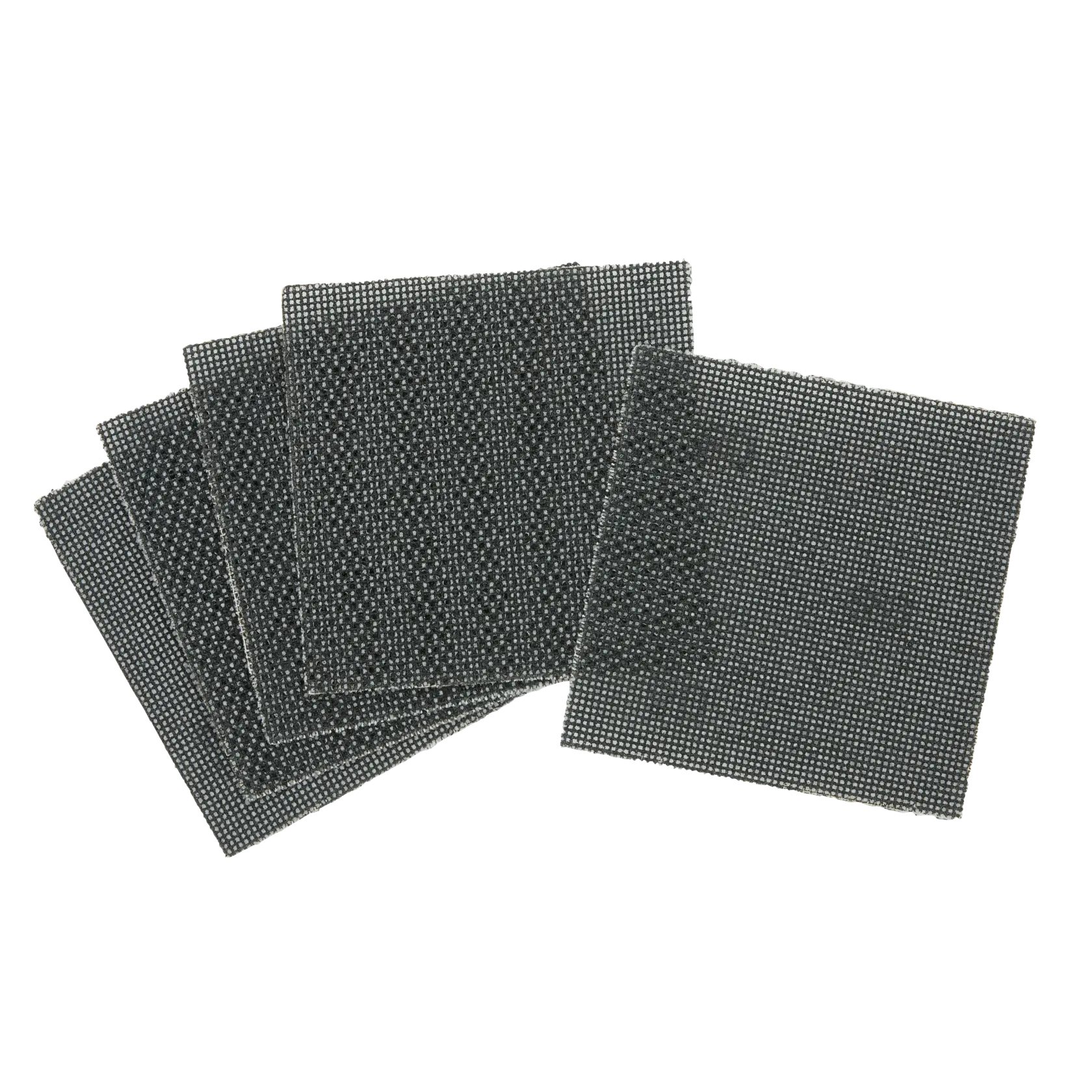 A set of five square mesh sanding sheets, arranged overlapping, shown on a white background.