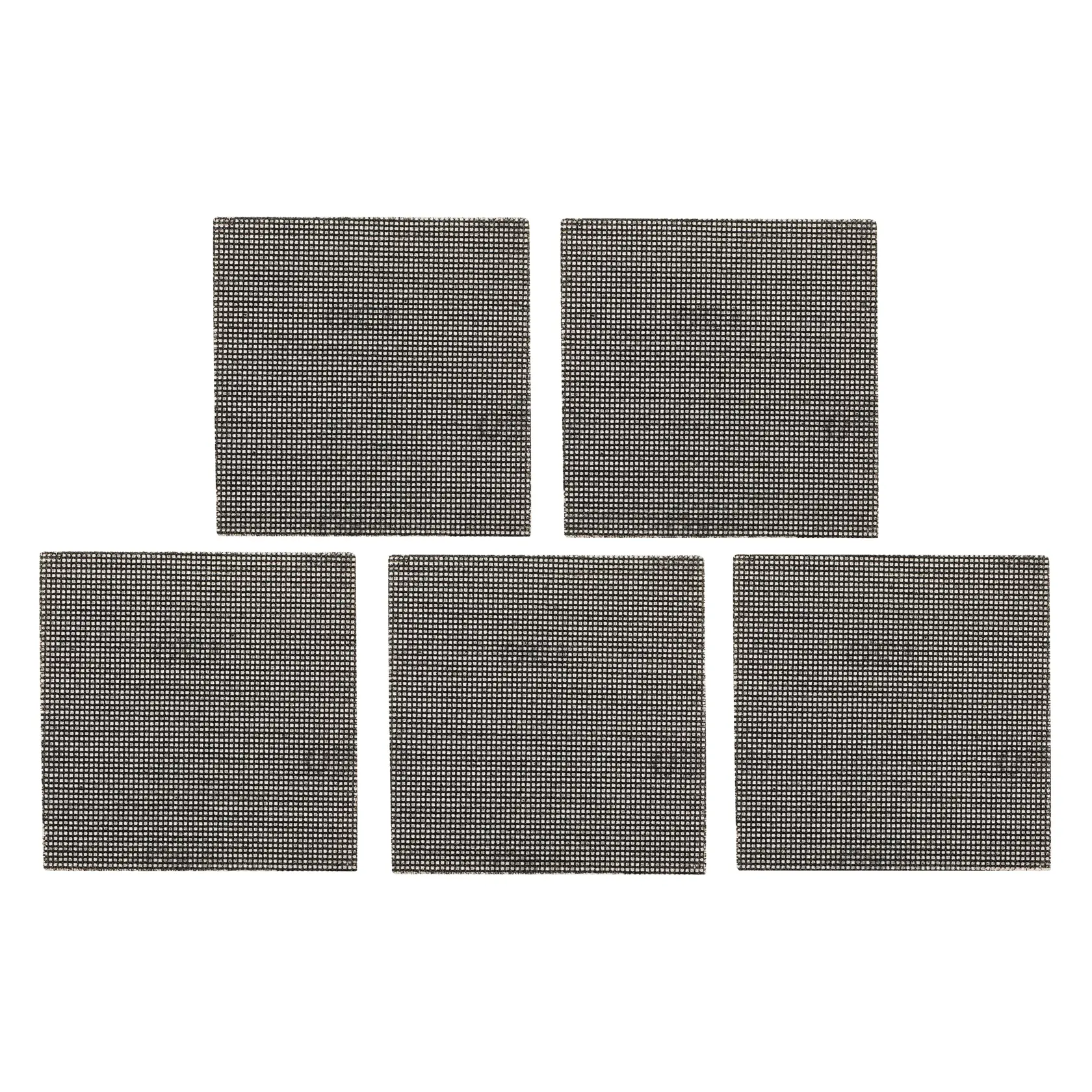 Five square mesh sanding sheets arranged in two rows on a white background.