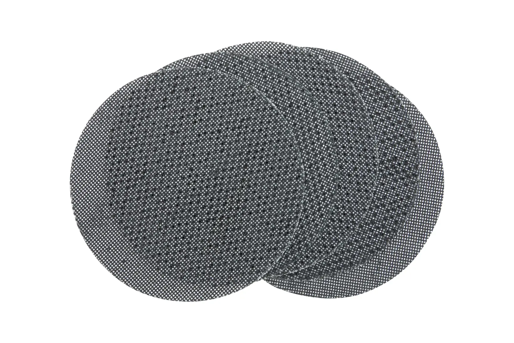 Three round mesh sanding sheets stacked, black color, used for abrasive surface finishing.