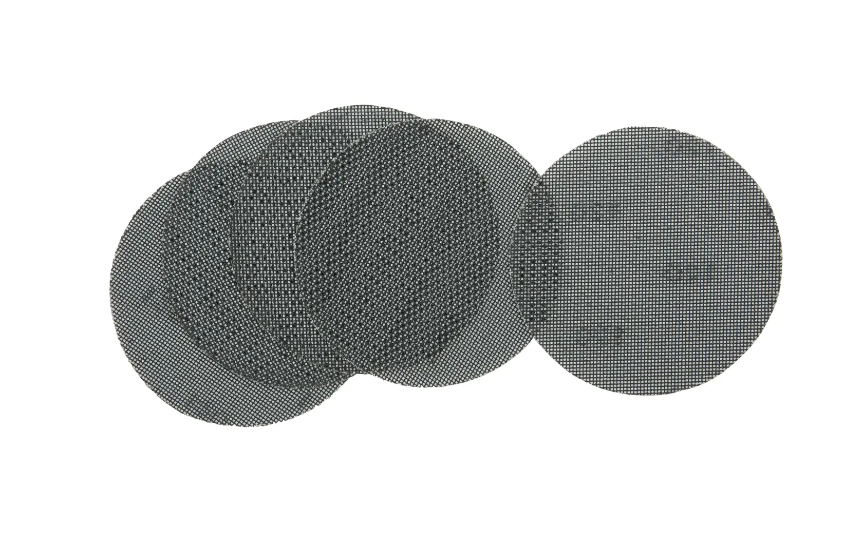 Set of round mesh sanding discs for DEWALT tools, arranged overlapping on a white background.