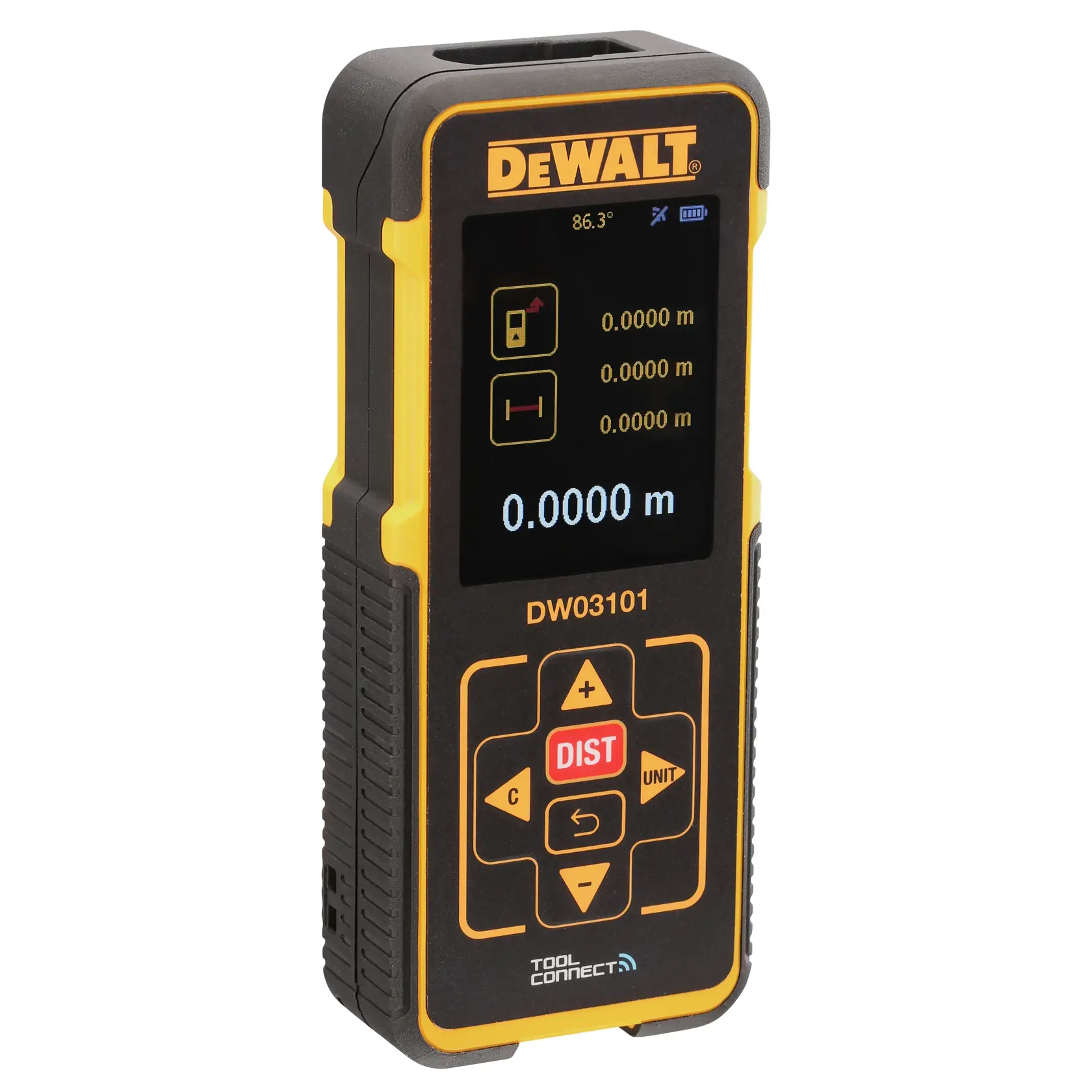 A DEWALT DW03101 laser distance measurer with a digital screen, black and yellow casing, and control buttons for measuring distance.