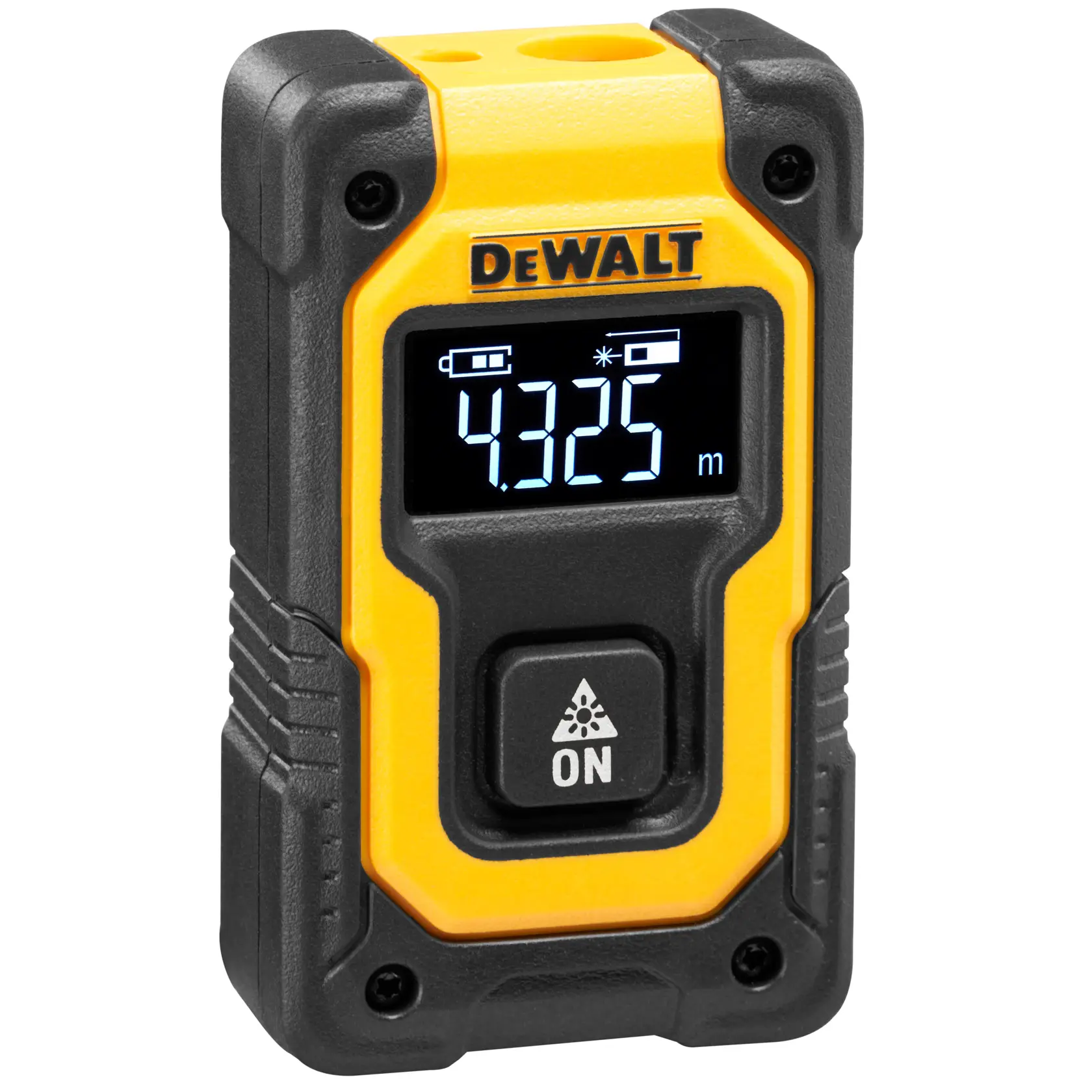 A DEWALT branded yellow and black laser distance measurer with a digital display showing 4.325 meters and an ON button below the screen.