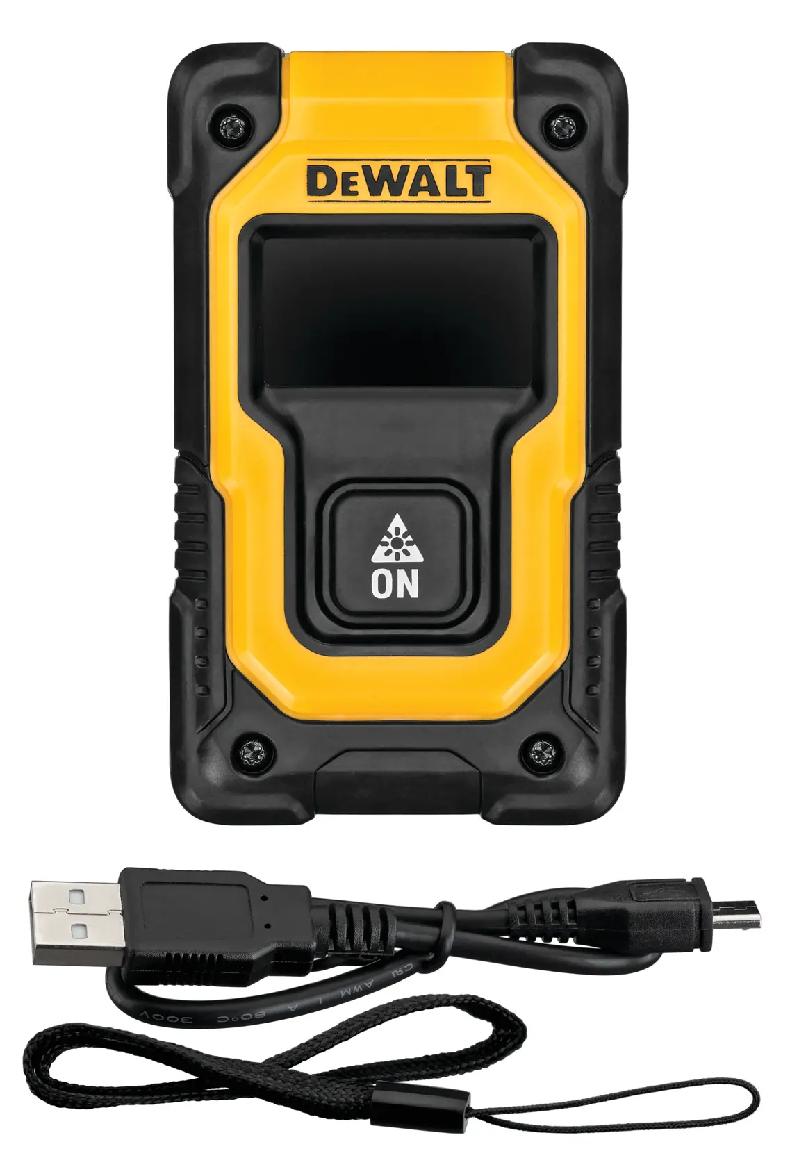 A DEWALT DW055PL compact laser distance measurer in yellow and black, shown with a USB charging cable and a wrist strap.