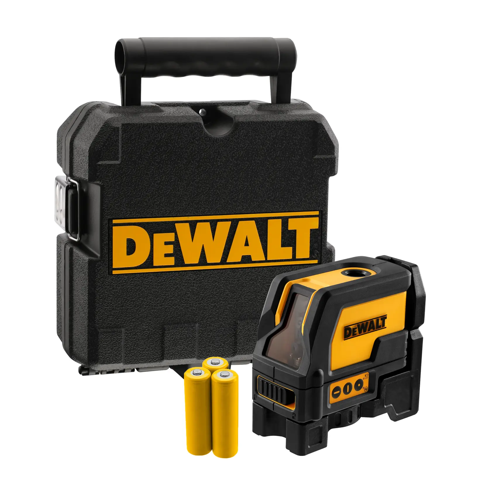 A DEWALT-branded black and yellow laser level set, including a sturdy carrying case, a laser level device, and two yellow batteries.