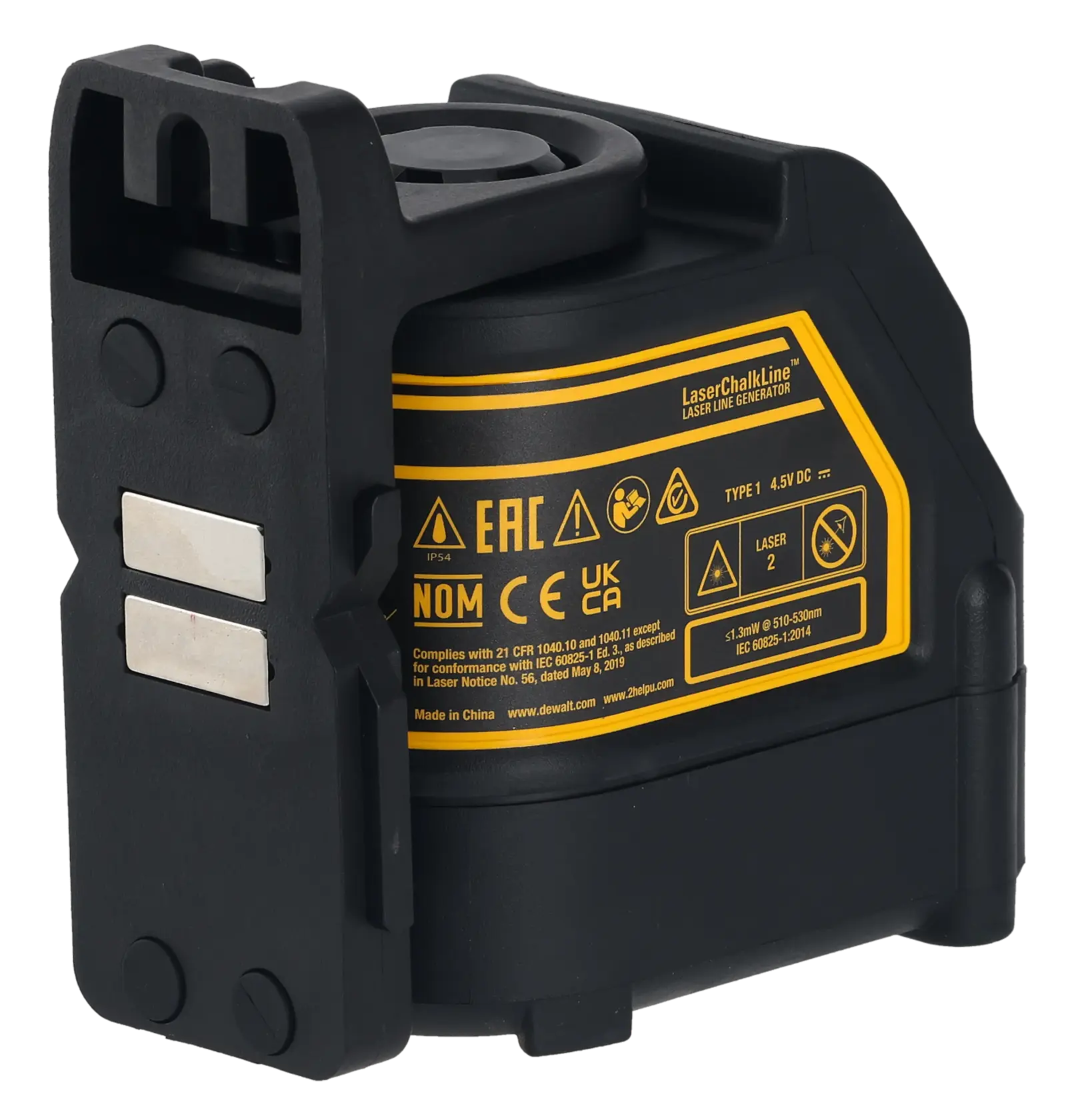 Un générateur de ligne laser DEWALT DW088CG avec un boîtier robuste noir et jaune, un panneau de contrôle visible et des autocollants d'avertissement, utilisé pour l'alignement précis en photographie et dans la construction.