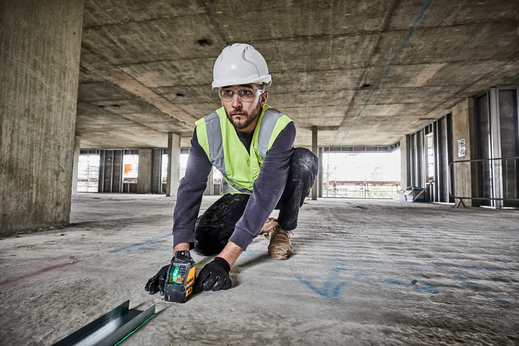 A DEWALT DW088CG cross line laser level device, featuring a yellow and black exterior with control buttons and the DEWALT logo on the side. The tool is used for precision leveling and alignment in construction and photography applications.