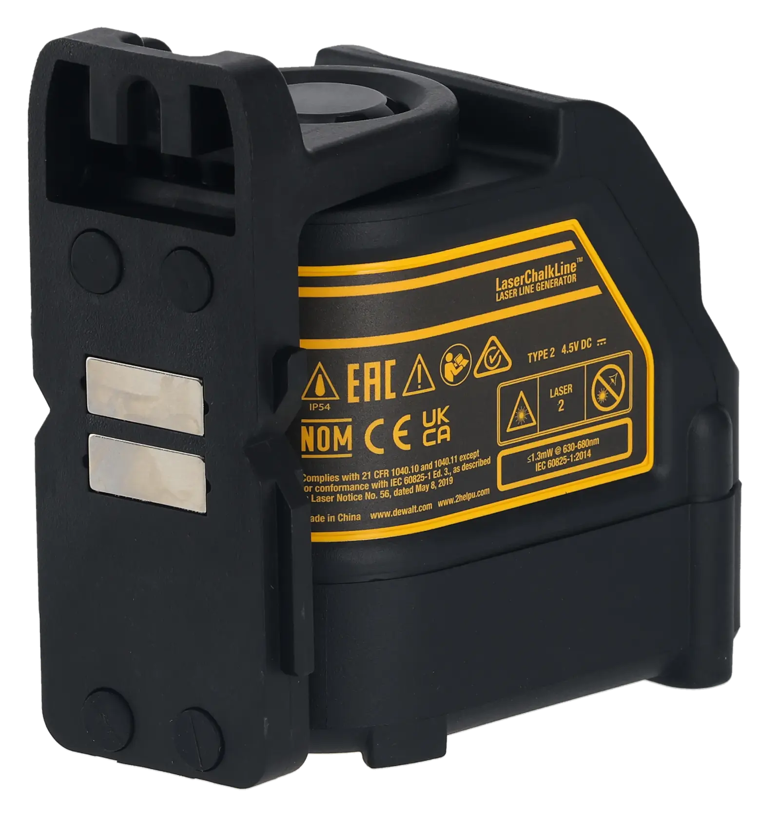 Close-up of a DEWALT device showing a yellow battery life indicator button with text overlay stating 'BATTERY LIFE INDICATOR. Know when it’s time to charge when battery is running low.'