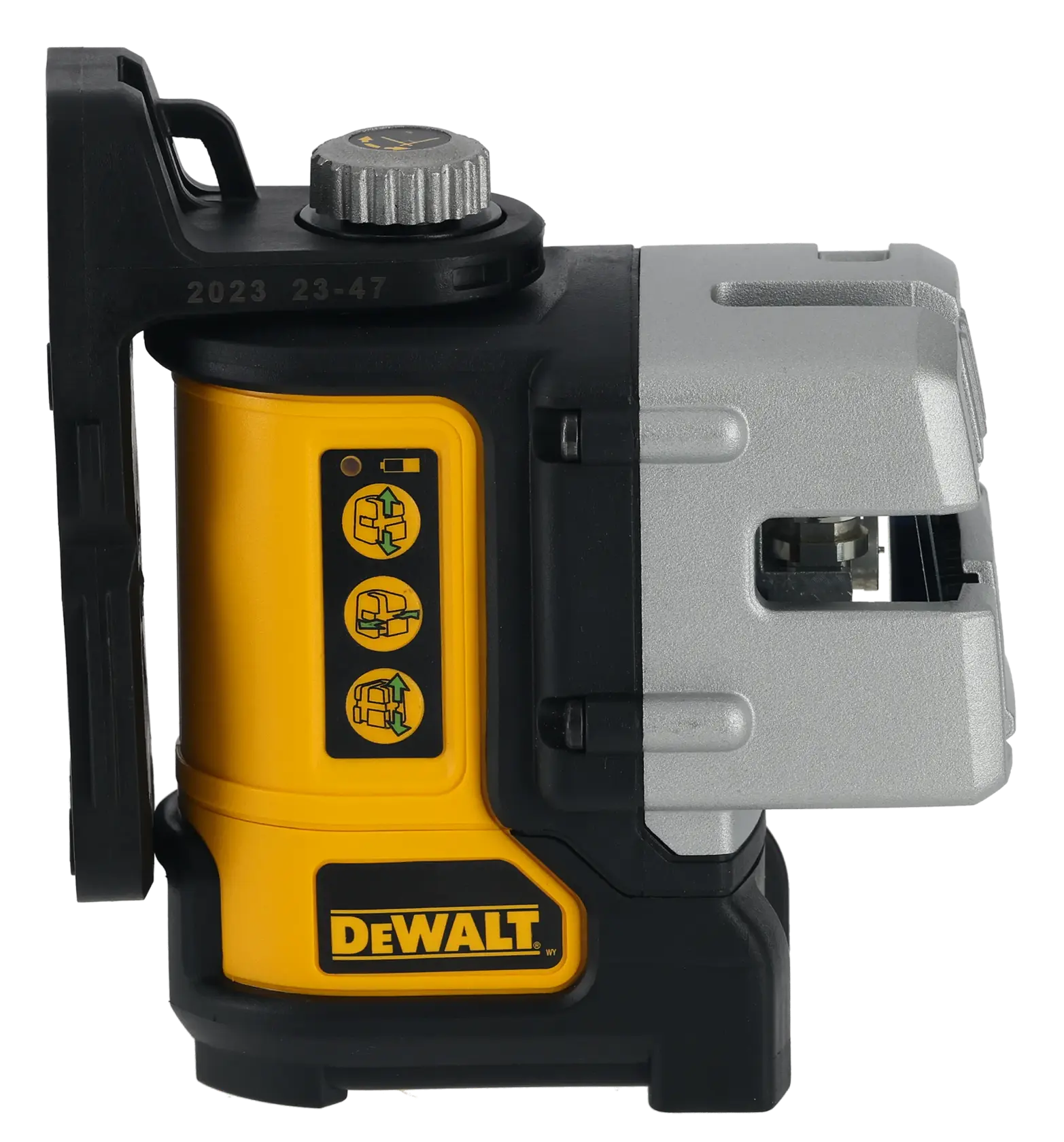 Side view of a DEWALT DW089CG green beam cross line laser level, showing its yellow and black body with a silver component. The product features three indicator icons and a control knob at the top.