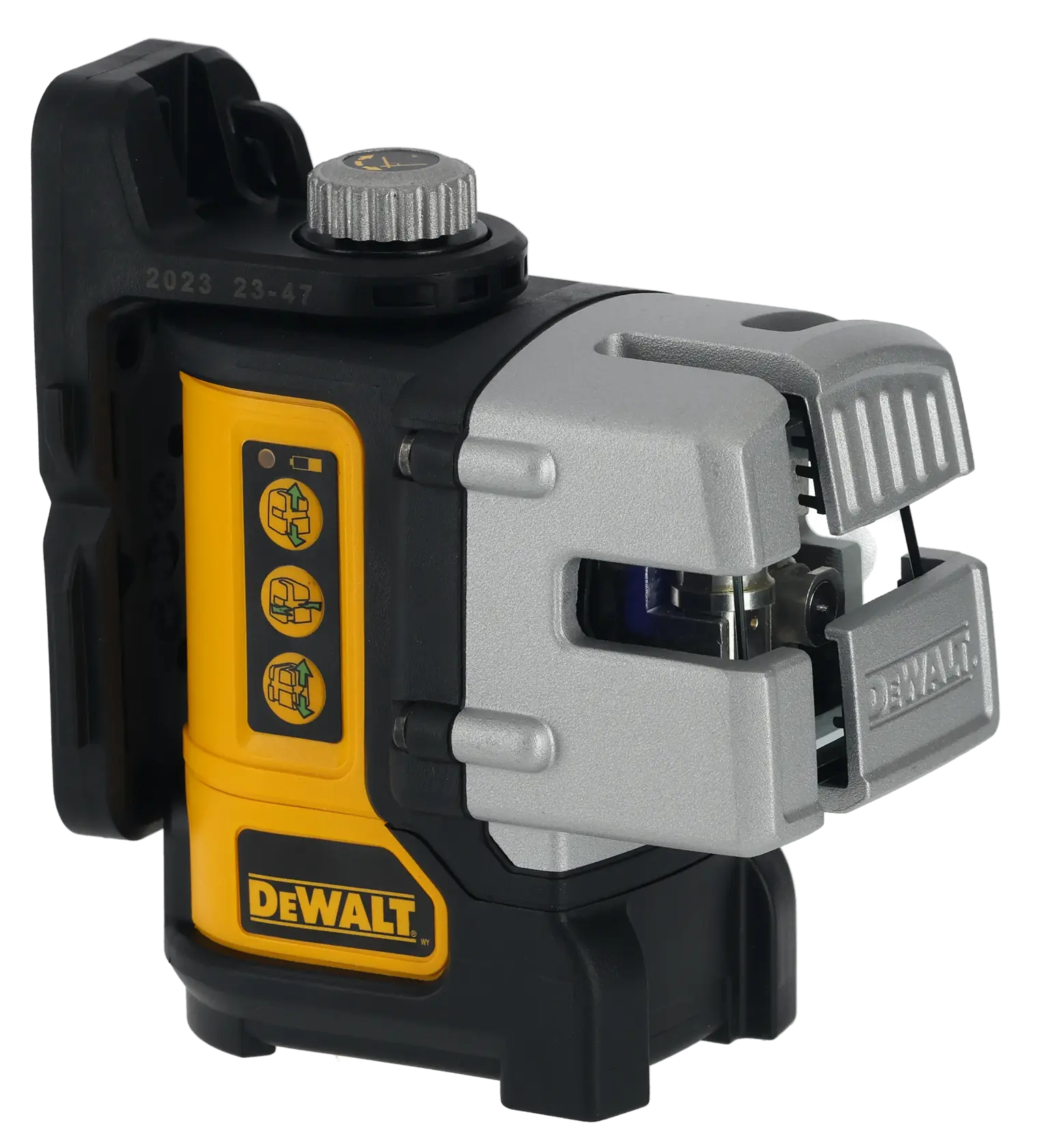 Un niveau laser à lignes croisées à faisceau vert DEWALT DW089CG. L'appareil est principalement jaune et noir avec des accents argentés et présente des boutons et des indicateurs sur le côté. Il est utilisé pour les tâches de nivellement et d’alignement dans la construction et la photographie.