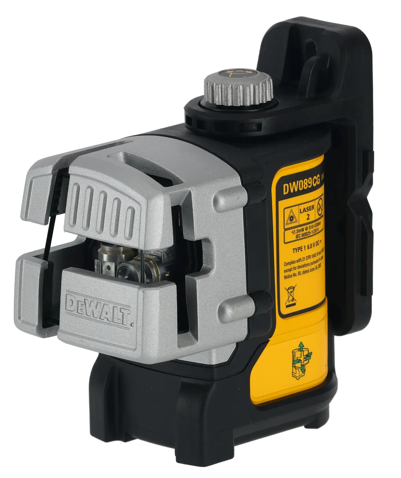 Un niveau laser à ligne croisée verte DEWALT DW089CG avec un boîtier de protection, comportant des commandes étiquetées et des autocollants d'avertissement, utilisé pour un nivellement et un alignement précis en construction ou en photographie.
