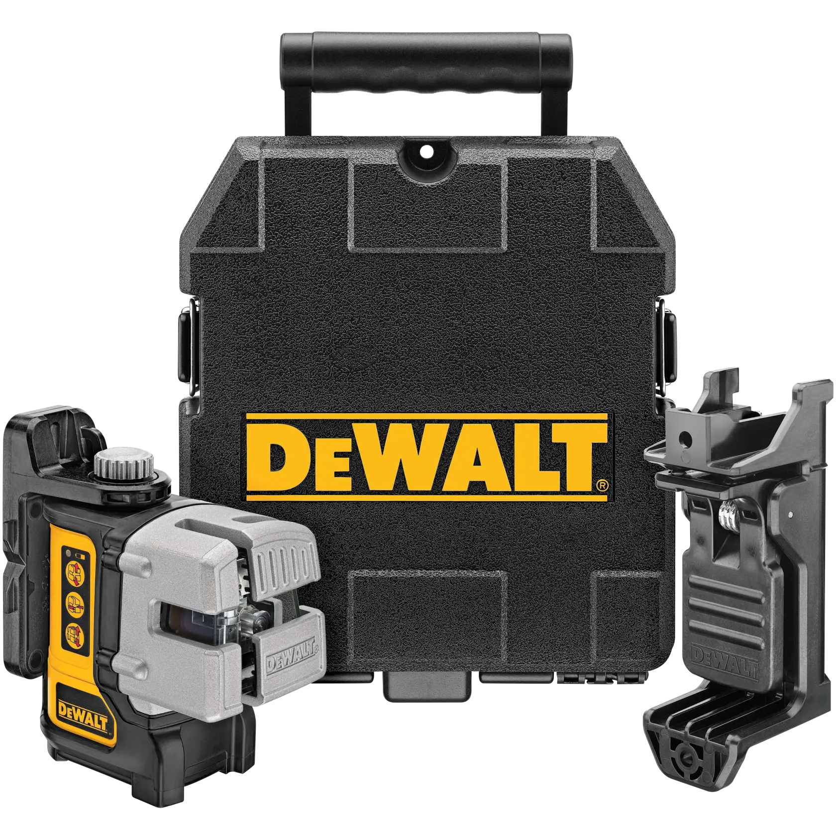 Kit de niveau laser DEWALT DW089K comprenant un appareil de mesure laser, un support de montage et une mallette rigide portant le logo DEWALT.