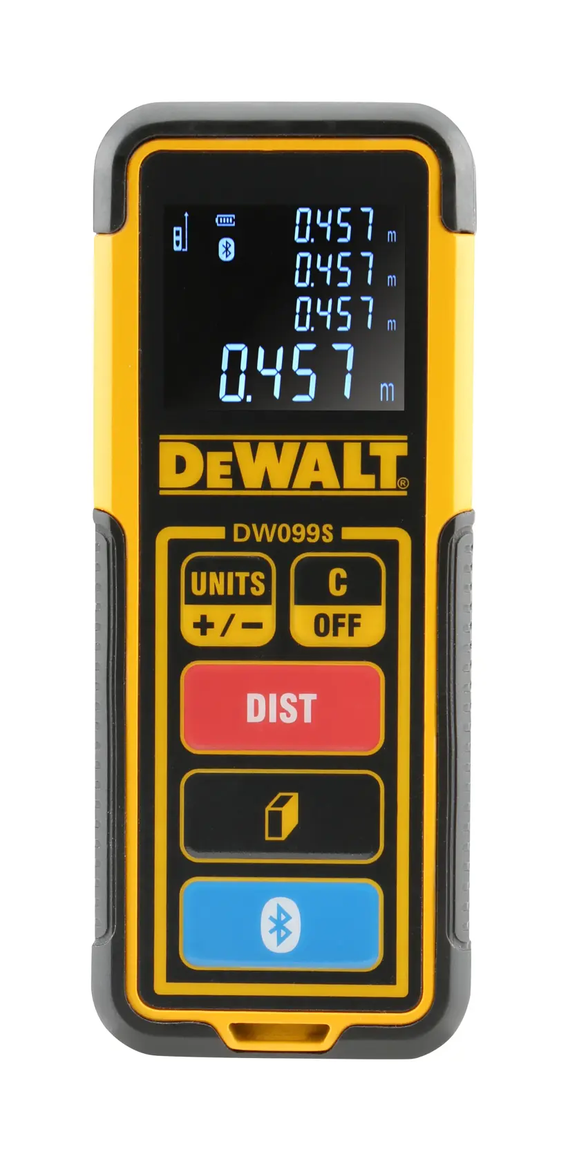 Front view of a DEWALT DW099S laser distance measurer with a digital display showing measurement readings. The device has several buttons labeled UNITS, DIST, and a Bluetooth symbol, and is predominantly yellow and black with red and blue accents.