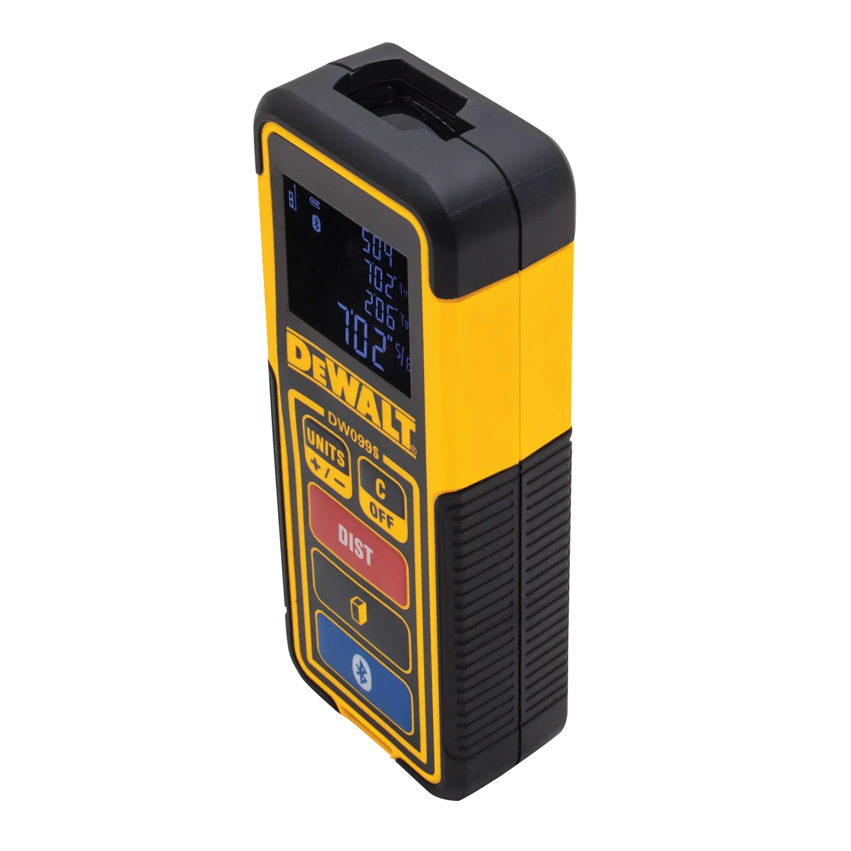 Un misuratore di distanza laser DEWALT DW099S con involucro giallo e nero, dotato di display digitale e diversi pulsanti di controllo sul davanti.