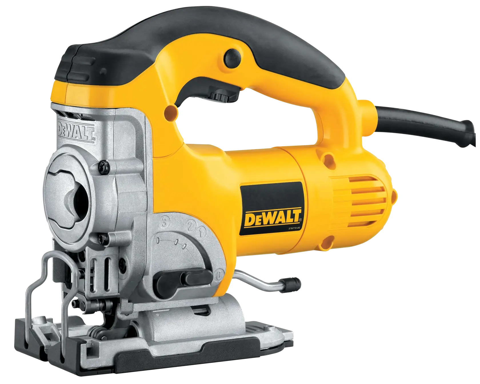 A DEWALT electric jigsaw, model DW331K, featuring a yellow and black design with a metal cutting base and ergonomic handle.