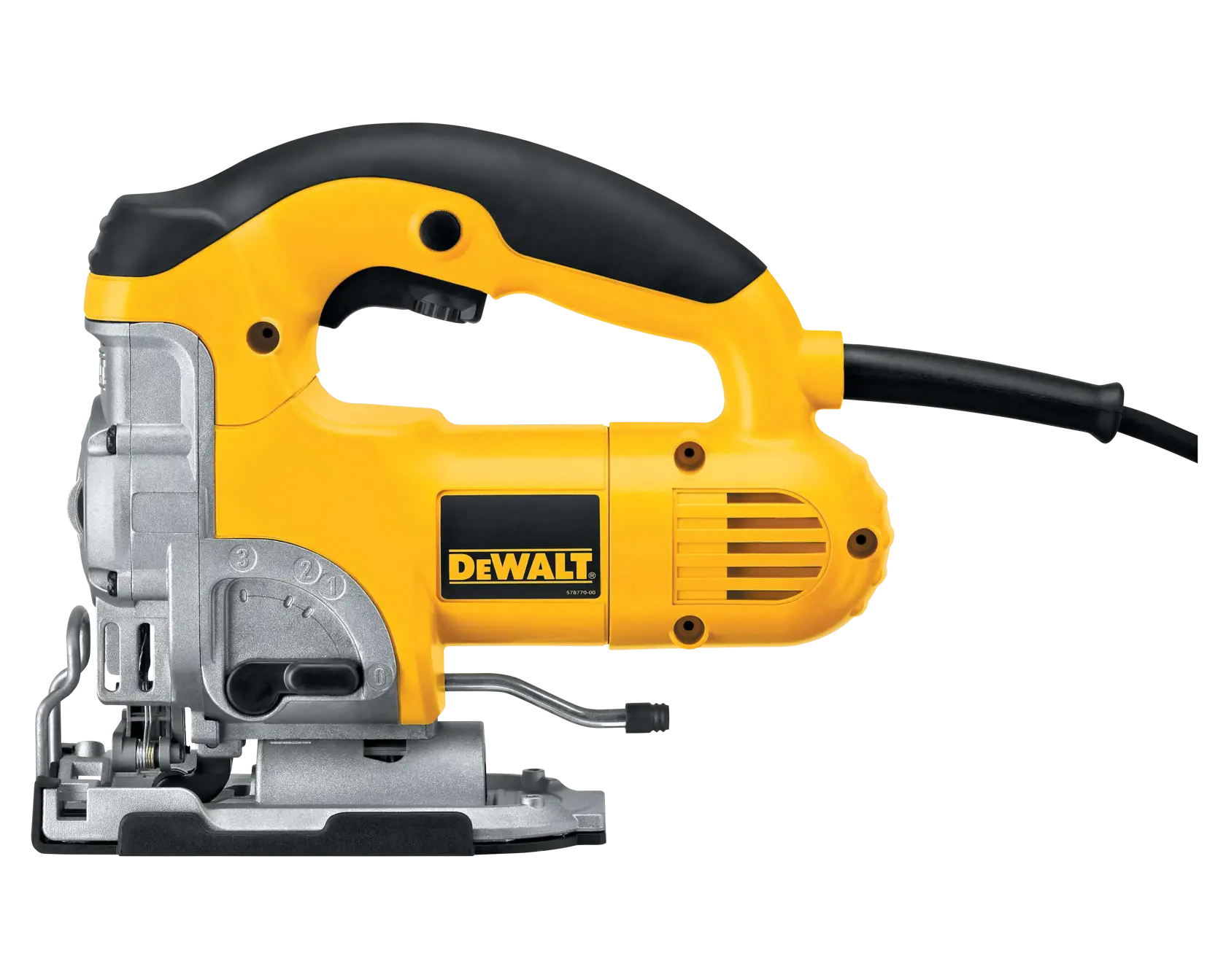 A person using a DEWALT DW331K jigsaw to cut a piece of wood. The jigsaw is yellow and black and is held firmly with both hands. The scene shows wooden boards and flooring.