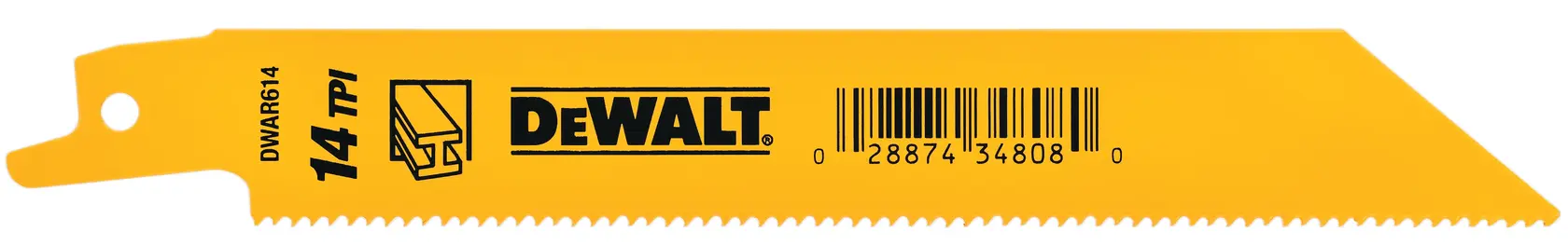 Photo of DEWALT DW4808B25 yellow reciprocating saw blade with 14 TPI, side view on white background.