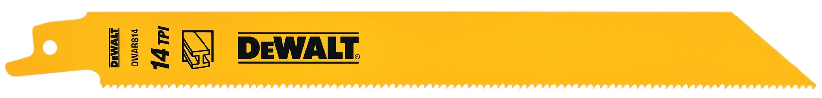 Photo of DEWALT saw blade, yellow, straight edge, SKUs DW4809, DW4809B, DW4809B25, on white background.