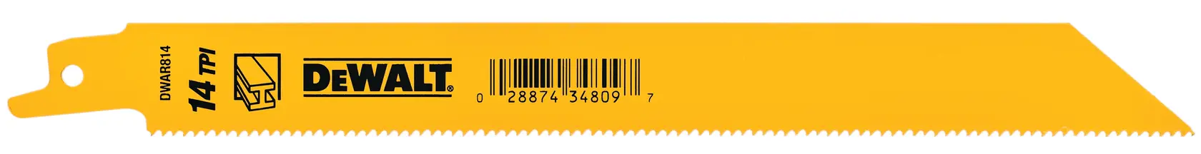 Photo of DEWALT yellow saw blade DW4809, DW4809B25 on white background, 14 TPI, serrated edge, product category: Photography.