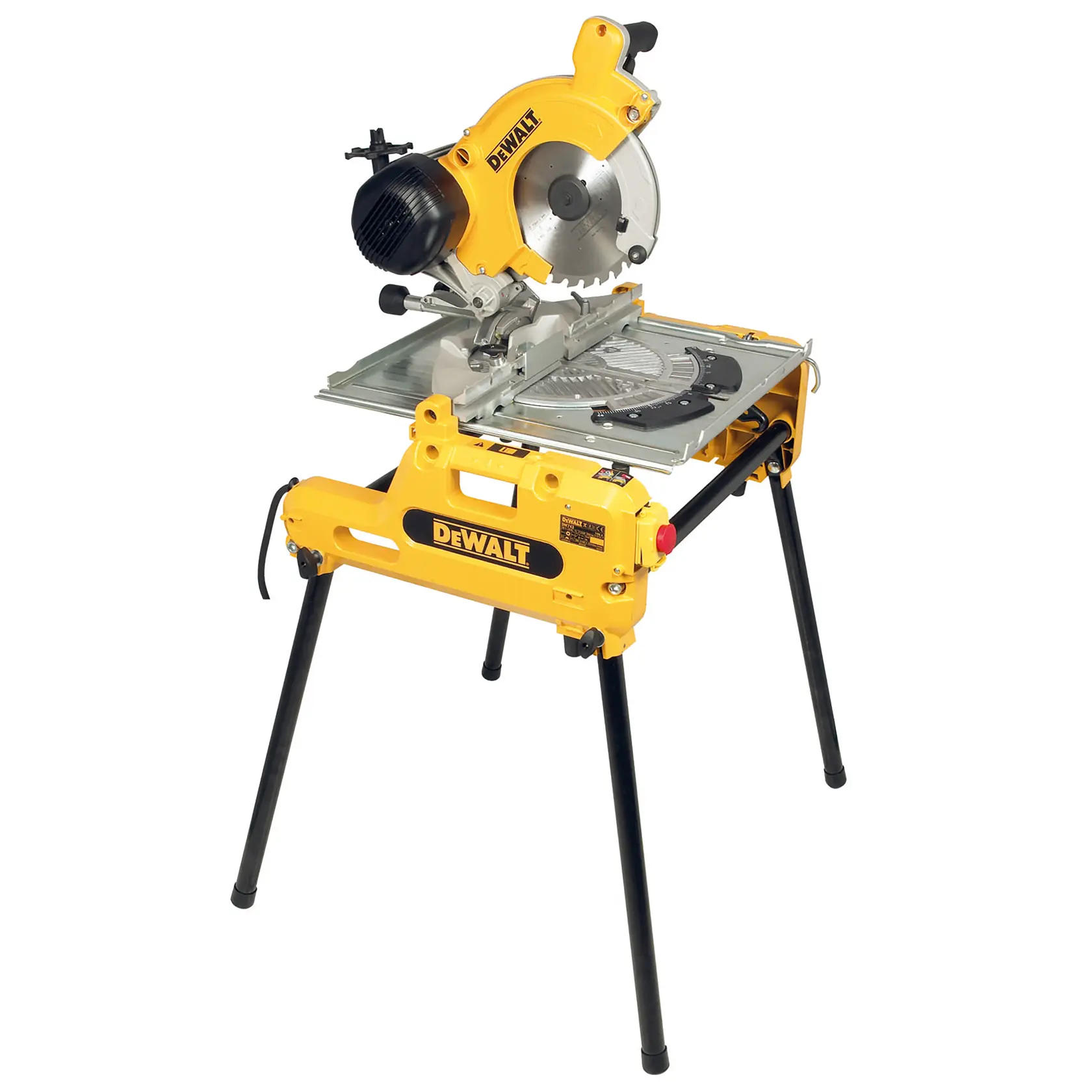 A DEWALT DW743N combination saw, featuring a circular saw blade mounted on a sturdy yellow and black frame with folding black legs. The saw is designed for woodworking and construction use.