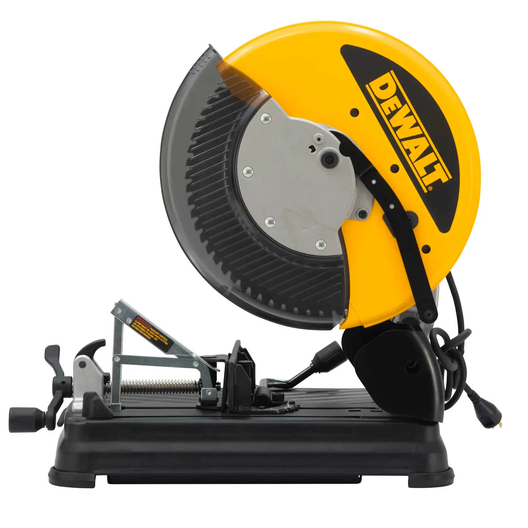 Side view of a DEWALT DW872 metal cutting saw with a yellow blade guard and black base. The tool is designed for precise and heavy-duty metal cutting applications.