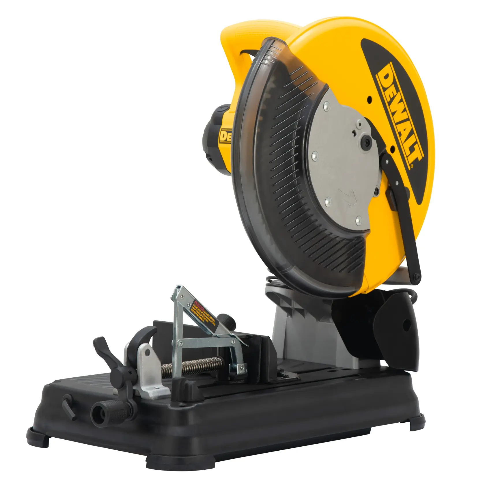 A DEWALT DW872 metal cutting saw with a yellow and black body, featuring a circular blade and a sturdy base for securing workpieces.
