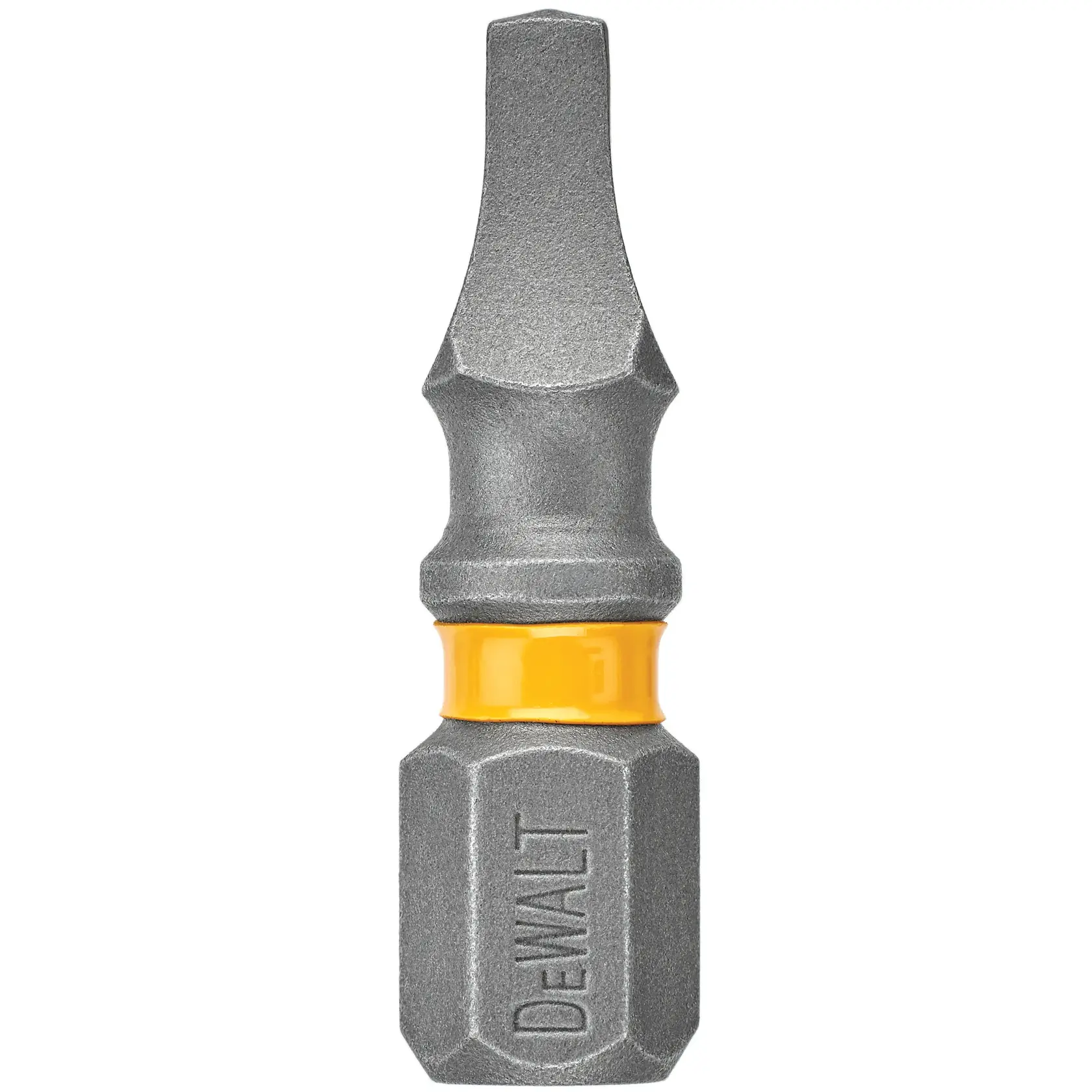 A close-up image of a DEWALT branded screwdriver bit with a gray metallic finish and a yellow ring near the base.