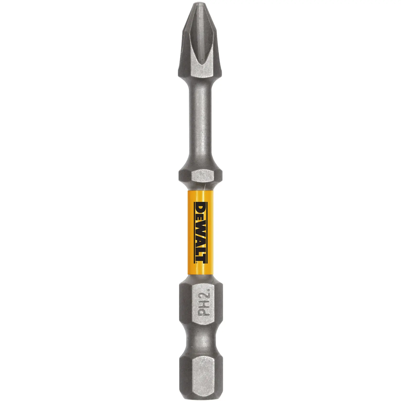 Two DEWALT PH2 screwdriver bits with yellow and black branding, featuring hexagonal shank ends and Phillips tips.
