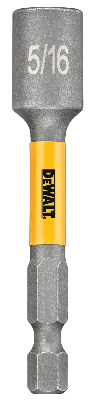 Close-up view of a DEWALT 5/16 inch magnetic nut driver with a yellow and black label and hex shank, used for driving nuts and bolts.