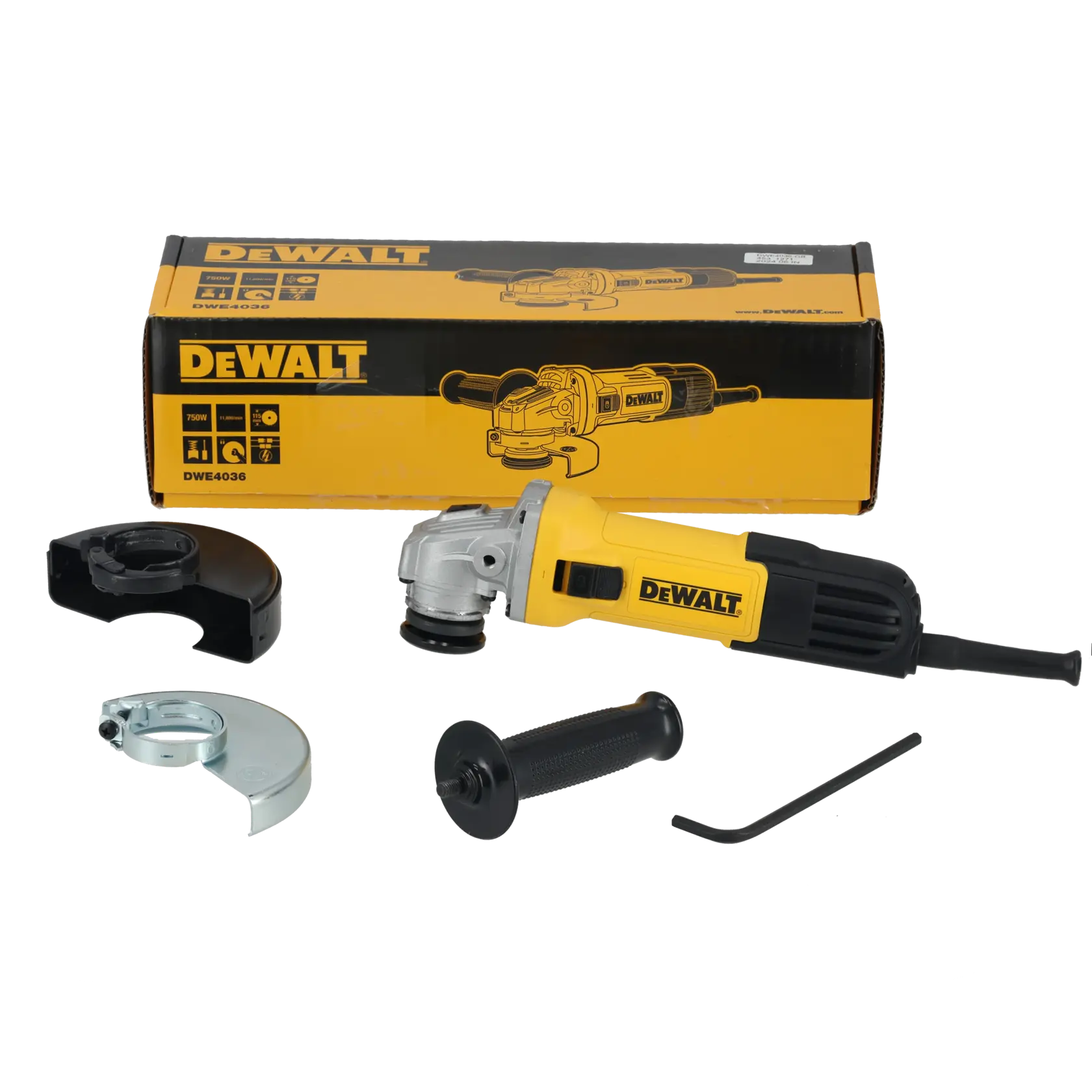 DEWALT DWE4036 angle grinder with accessories and box displayed on white background.
