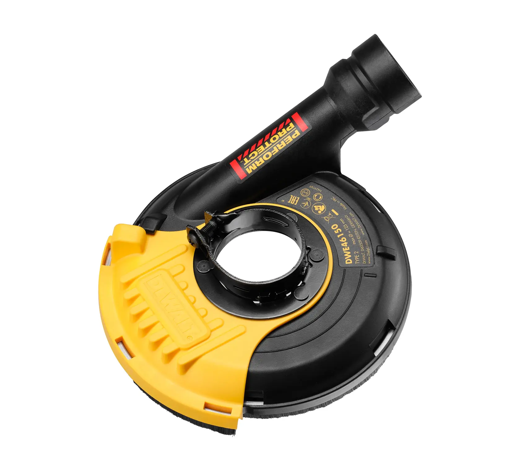 A DEWALT DWE46150 dust shroud attachment for an angle grinder, made of black and yellow plastic with labeling and a circular opening for fitting onto the tool.