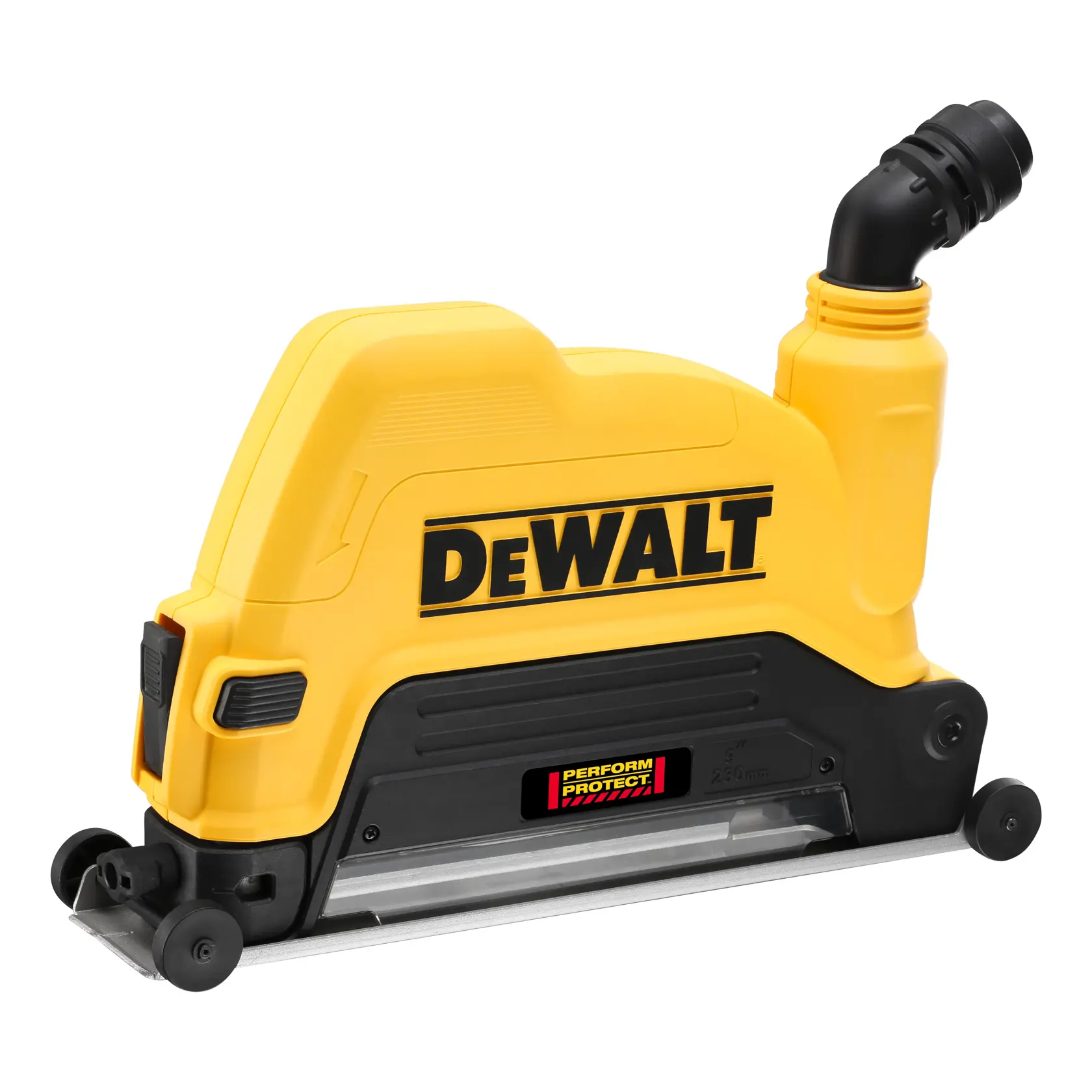 DEWALT yellow dust shroud with black hose attachment for cutting tools, shown on a white background.