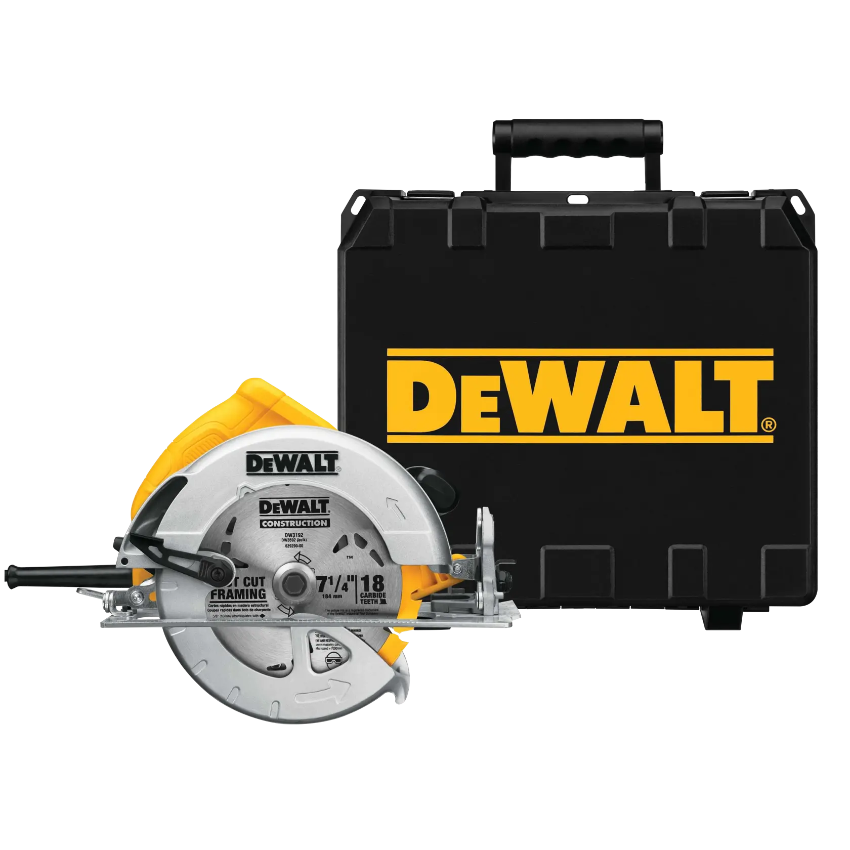 DEWALT circular saw with carrying case, both branded with DEWALT logo on a white background.