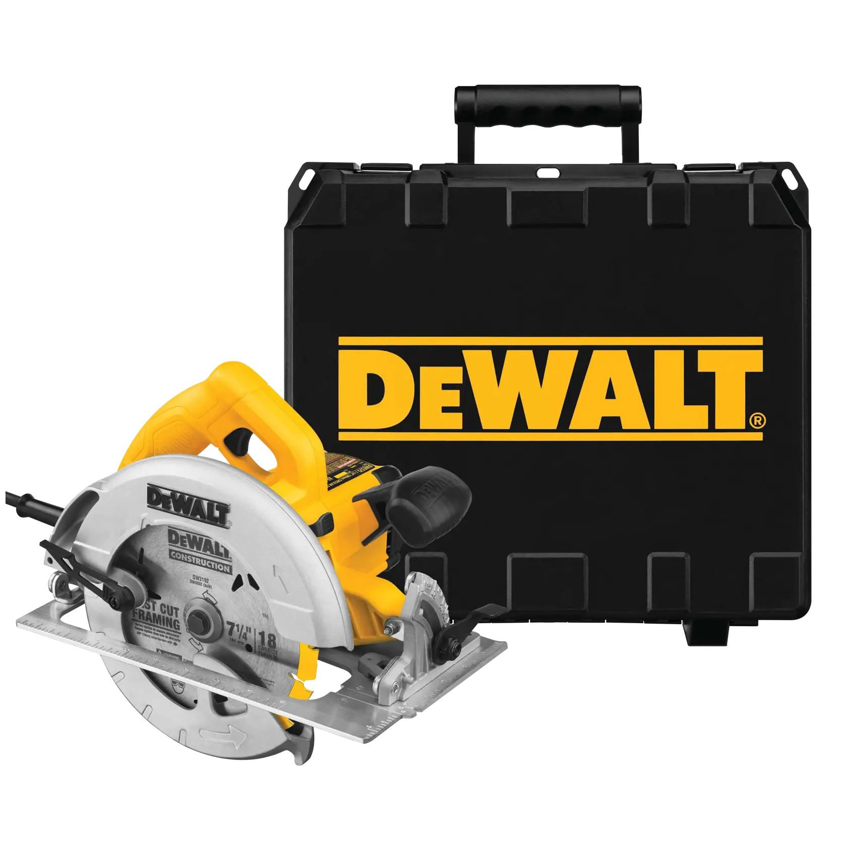 DEWALT circular saw with carrying case shown. Power tool is yellow and silver, case is black with DEWALT logo.