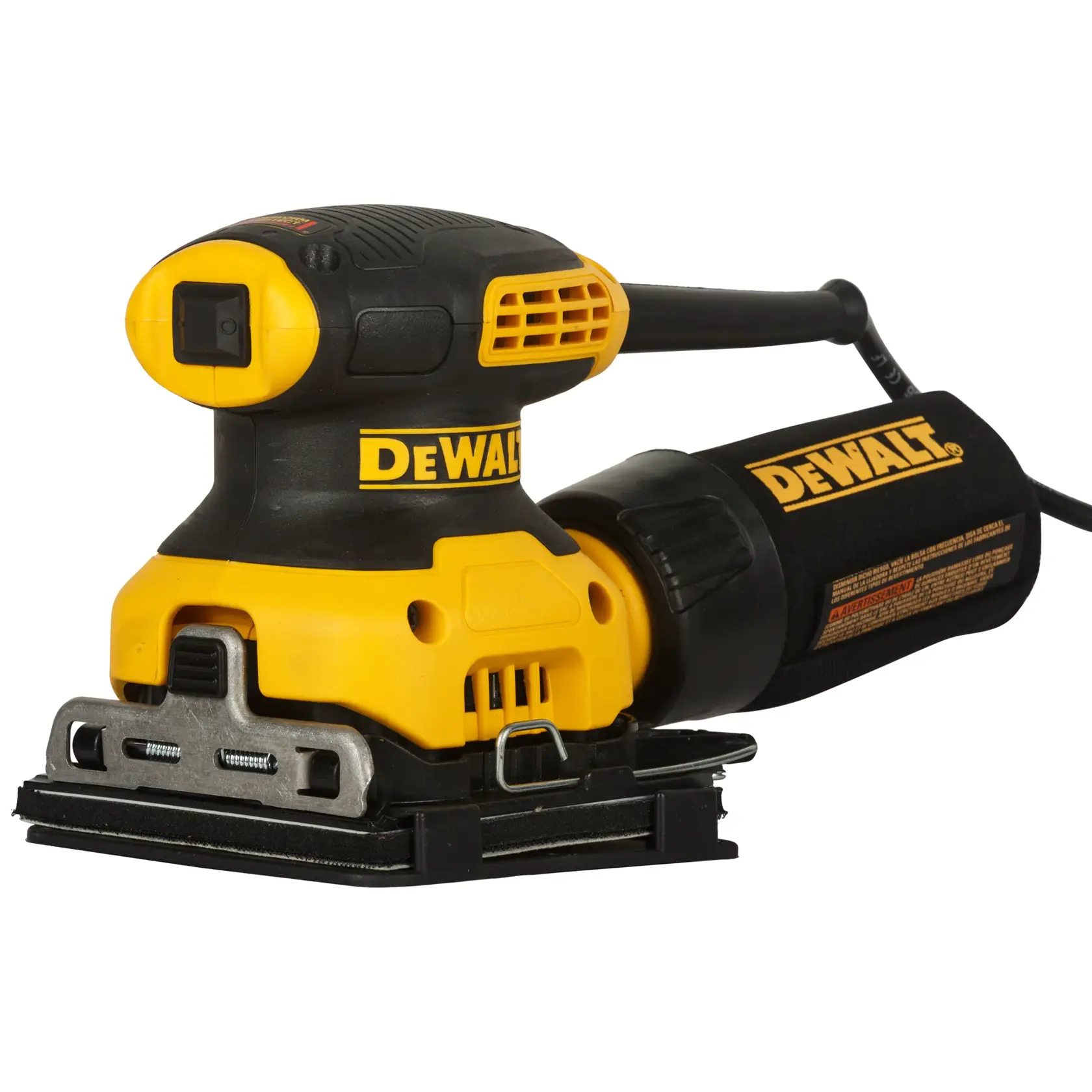 Close-up view of a DEWALT electric hand sander with a yellow and black body, dust port, and attached cord. The sander is positioned with metal clips visible at the base.