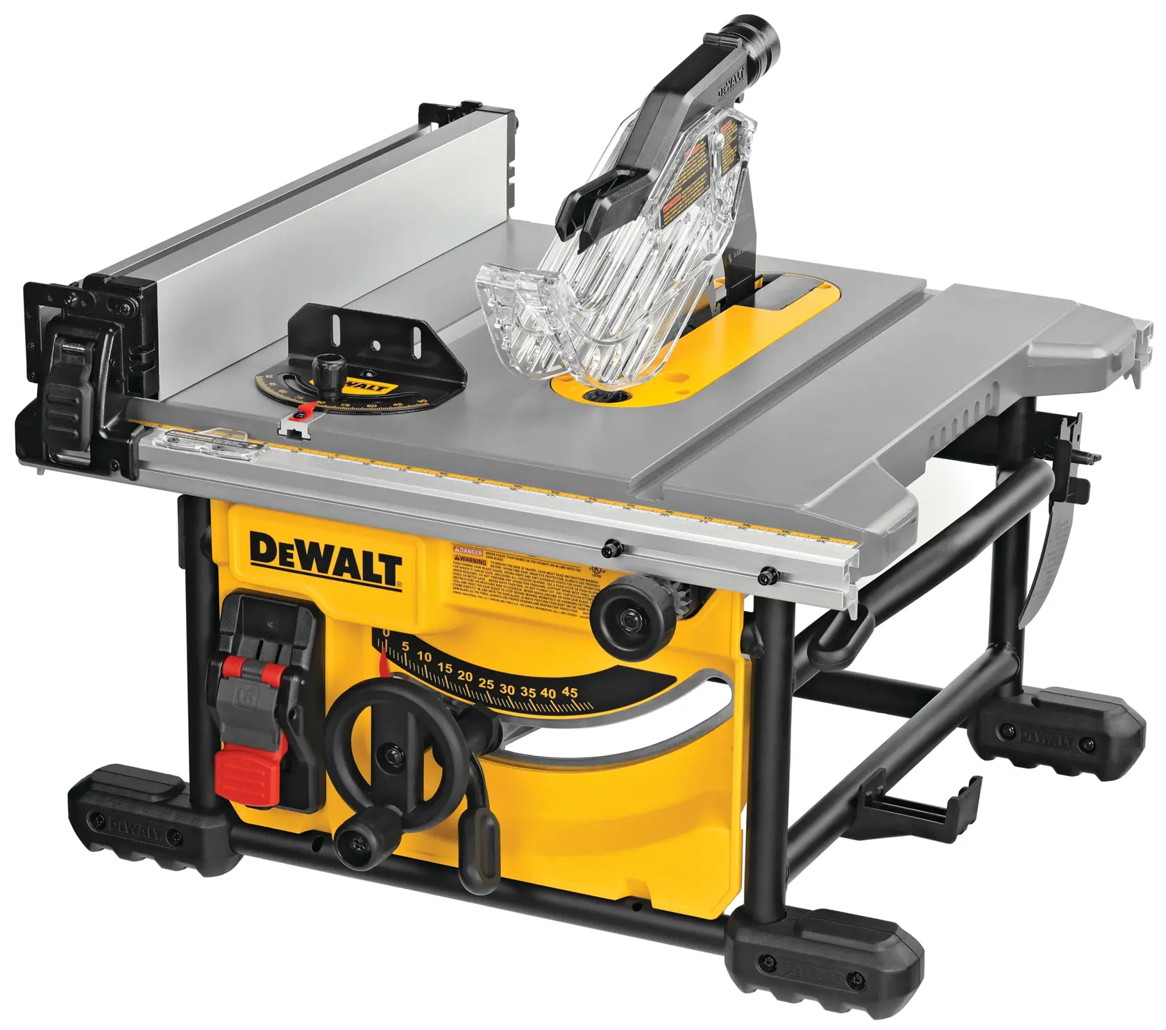 A DEWALT table saw with a yellow and black base, featuring a protective blade guard, adjustment knobs, and metal legs. The table surface is gray with measuring guides and fence attachments.