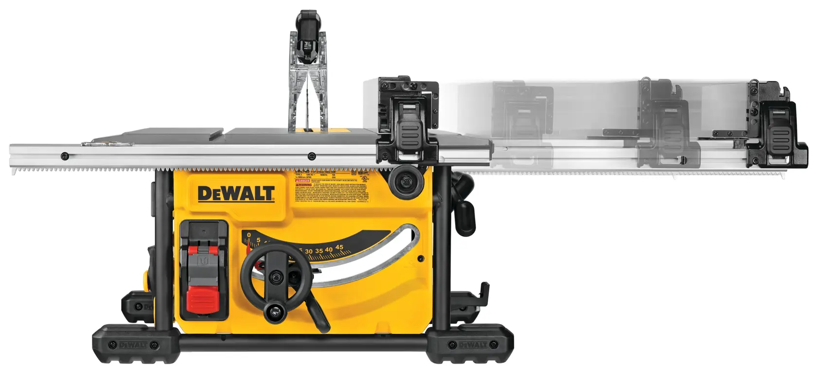 A DEWALT yellow and black portable table saw with adjustable fence, control knobs, and safety features, viewed from the side.