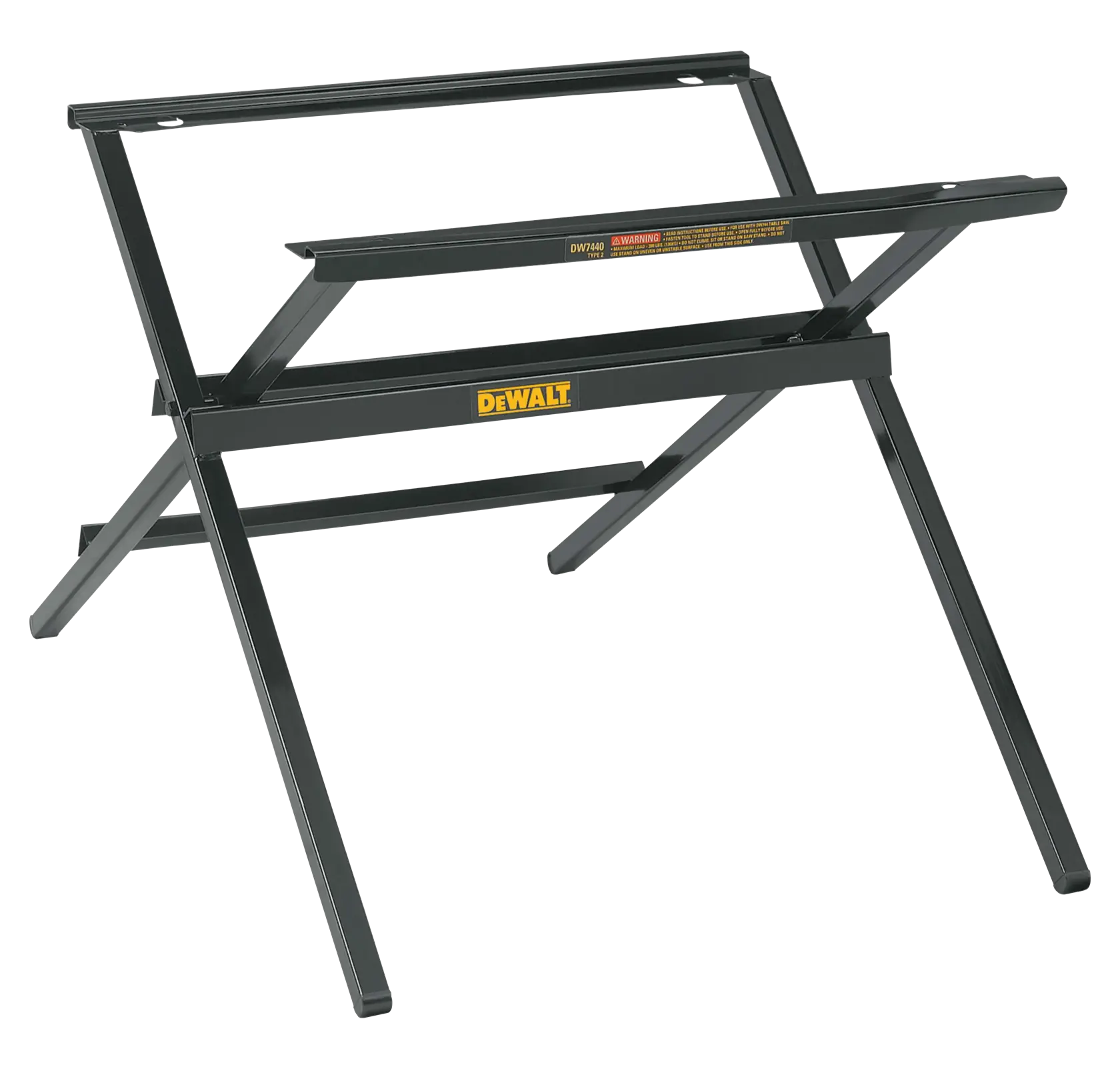 Foldable black DEWALT stand designed for supporting tools, with angled legs and sturdy frame.