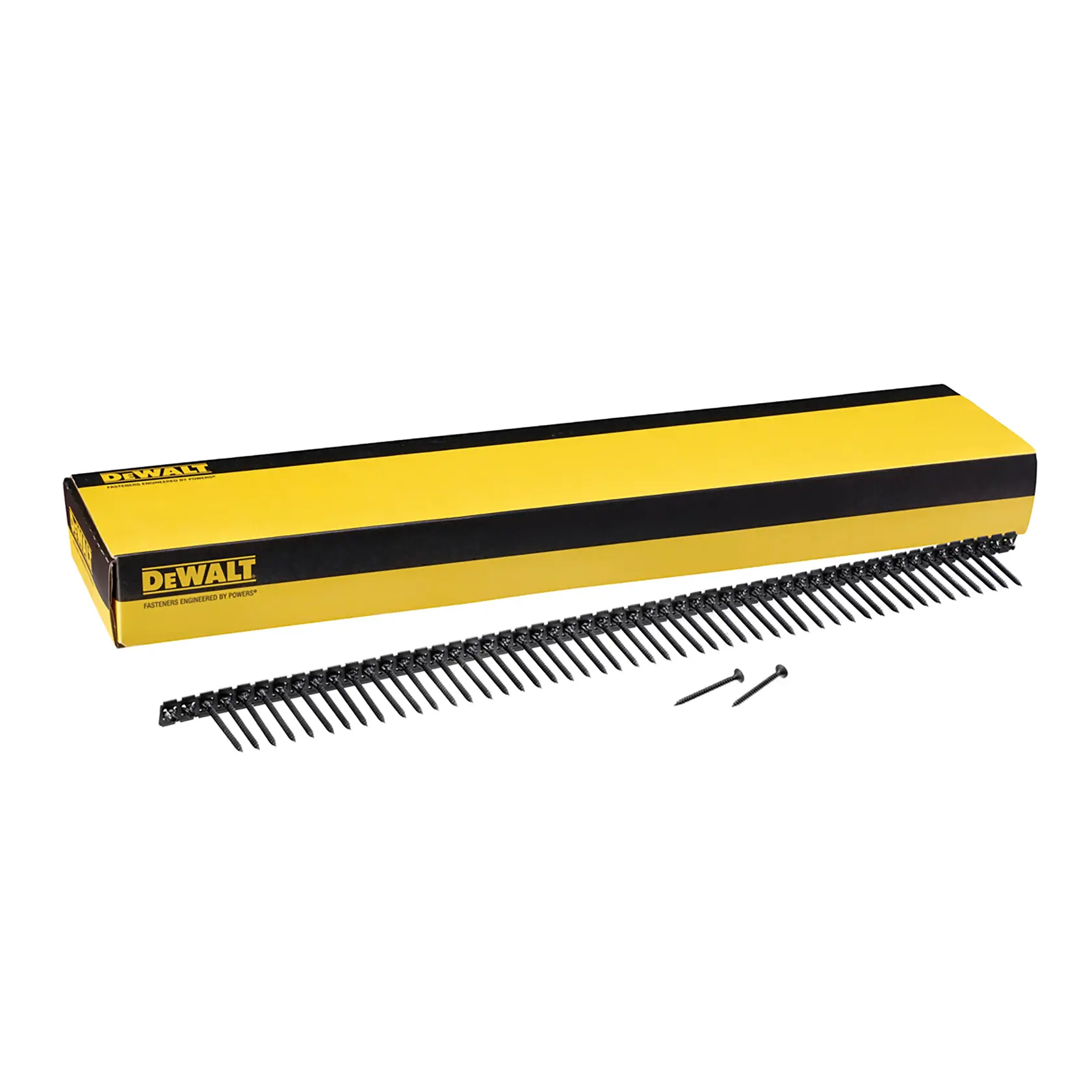 A yellow and black DEWALT branded box containing a long strip of collated nails, with two loose nails placed in front of the strip.
