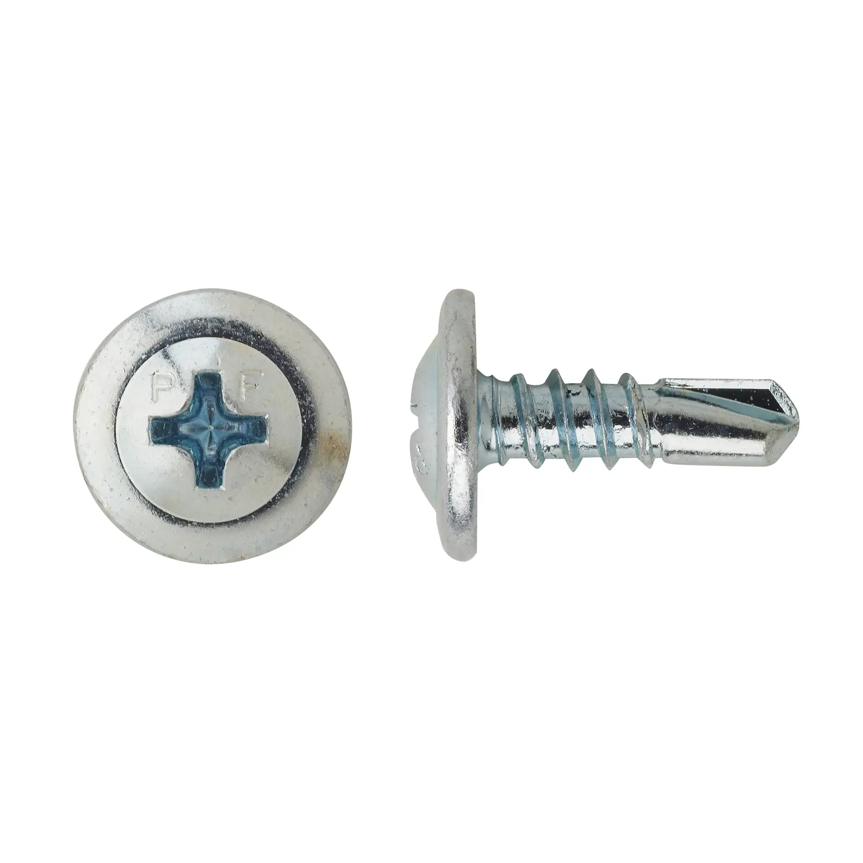 Close-up of a metal self-drilling screw with a Phillips head, shown from top and side views.