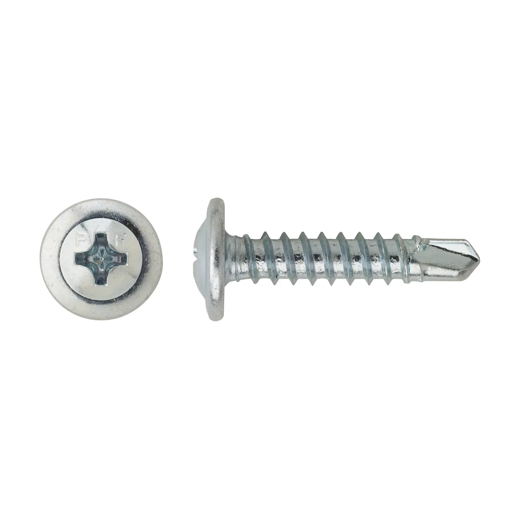 A metal self-drilling screw with a round head and Phillips drive, shown from top and side on a white background.