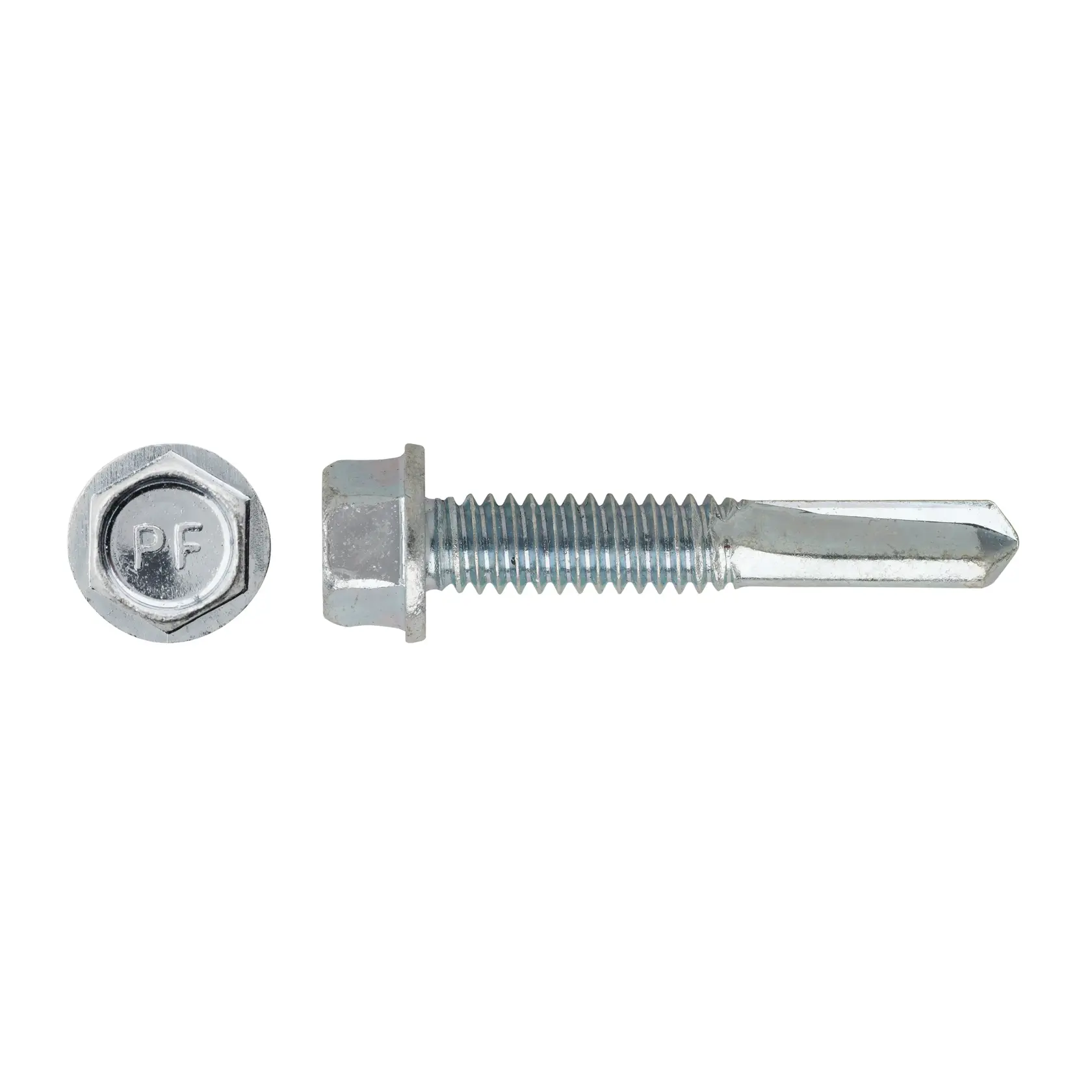 A metal hex head self-drilling screw shown from side and top view on a white background.