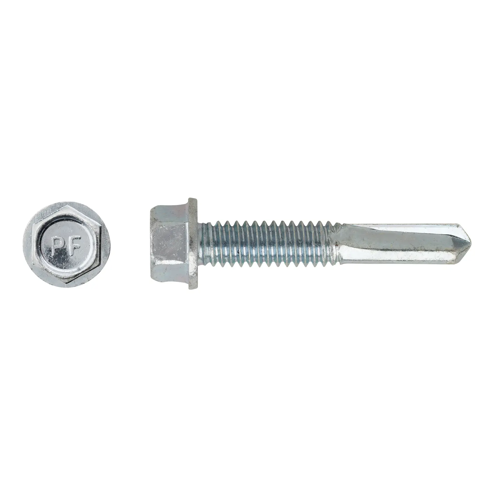 Hex head self-drilling screw shown from the side and top, metal construction with threaded shaft.