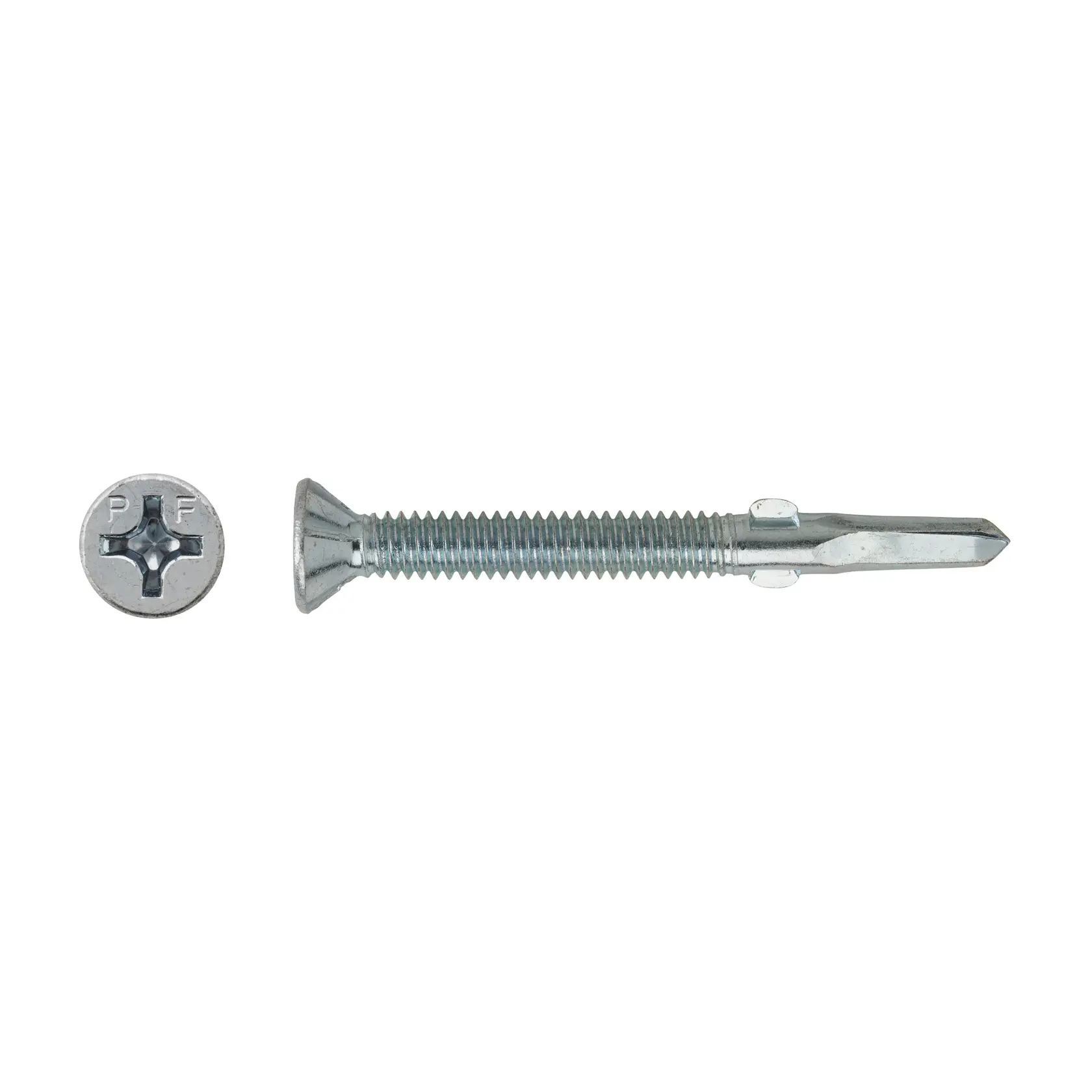 Metal flat head screw with cross drive slot, shown with side view and head detail on white background.