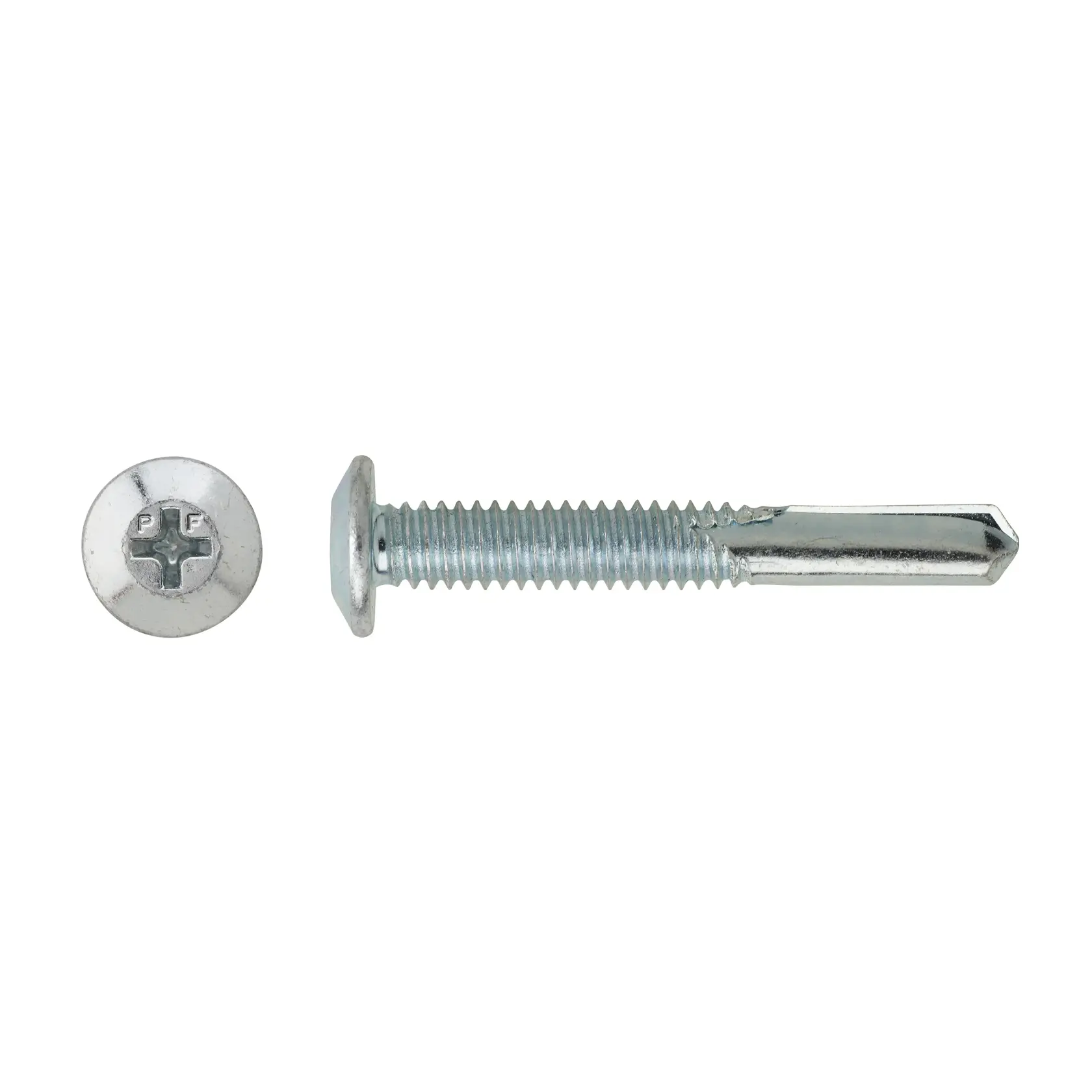 Metal self-drilling screw with a Phillips head shown from side and top view on white background.