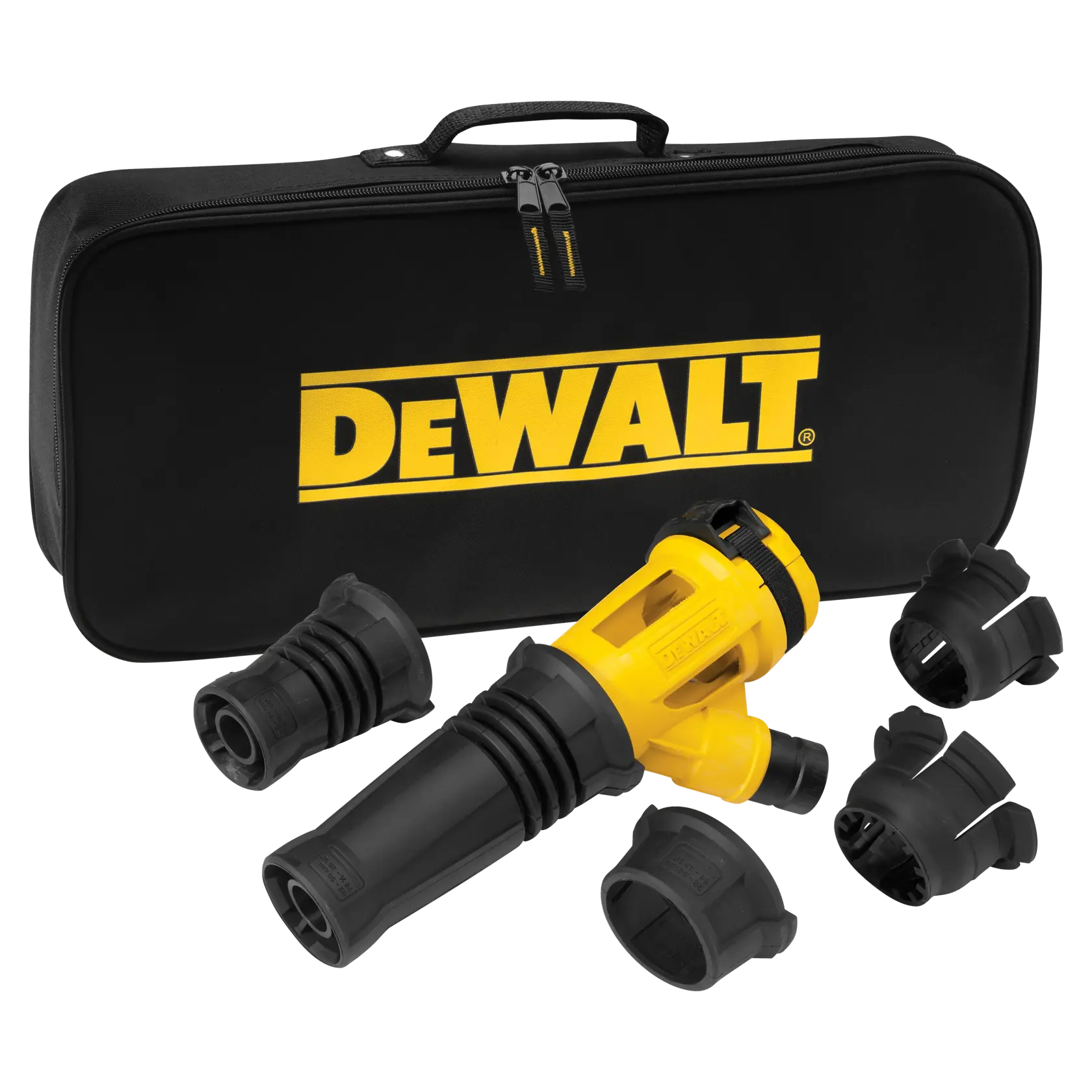 DEWALT dust extractor accessory set with black case and multiple black and yellow fittings.