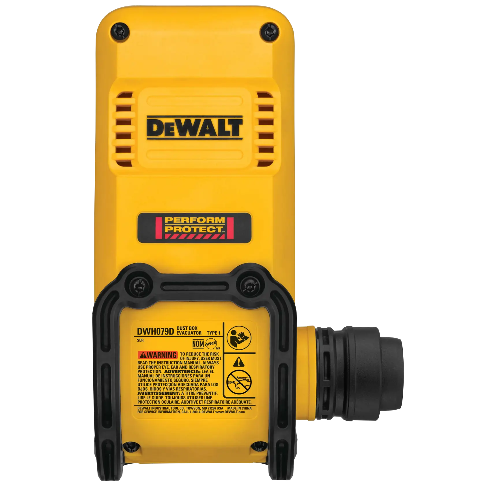 Front view of a DEWALT DWH079D dust box evacuator, a photography accessory with a yellow body, black accents, and warning labels.